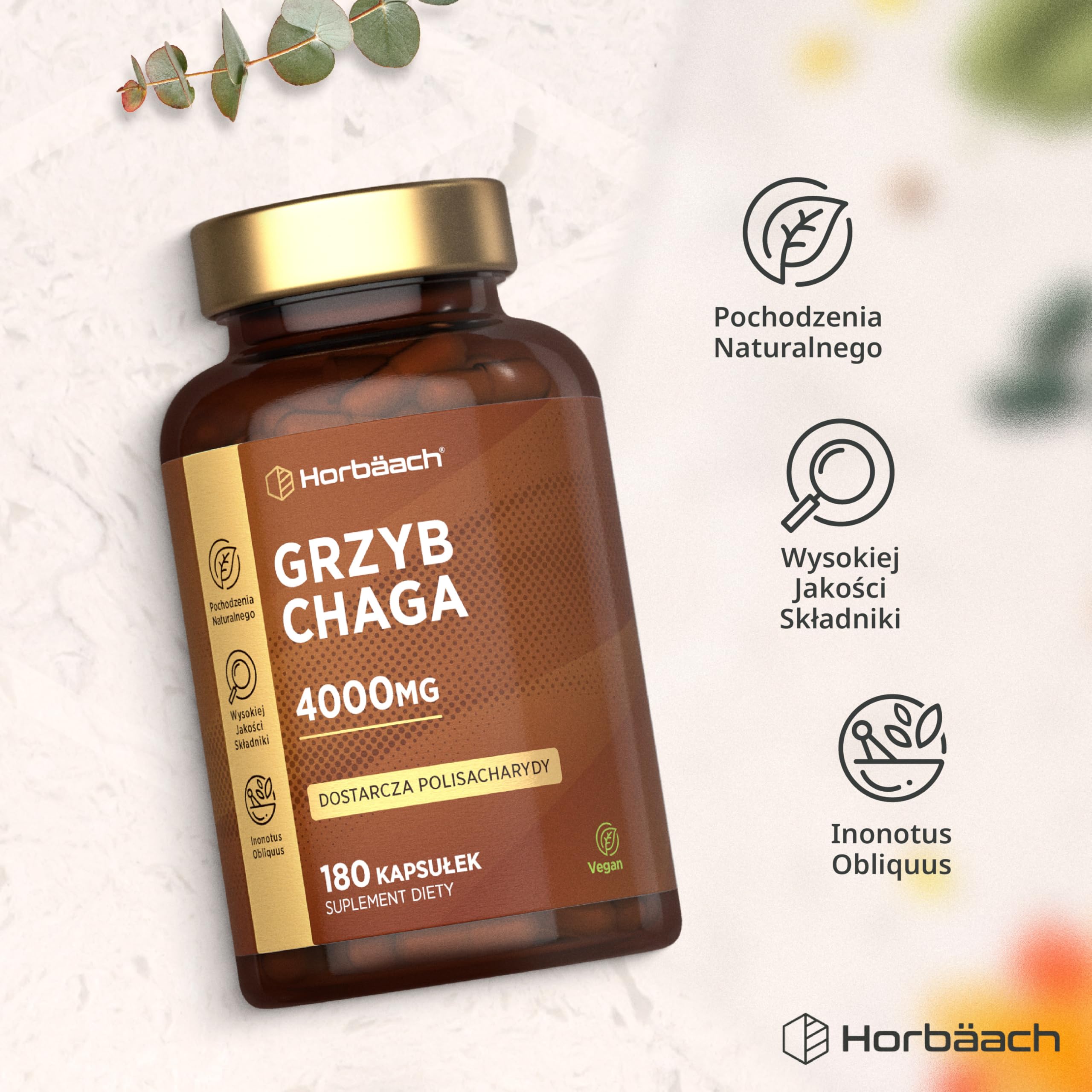 Chaga Grzyb Kapsułki 4000mg | Błyskoporek Podkorowy lub Chaga (Inonotus obliquus) | Naturalnego Pochodzenia | 90 Wegańskich Kapsułek | marki Horbaach