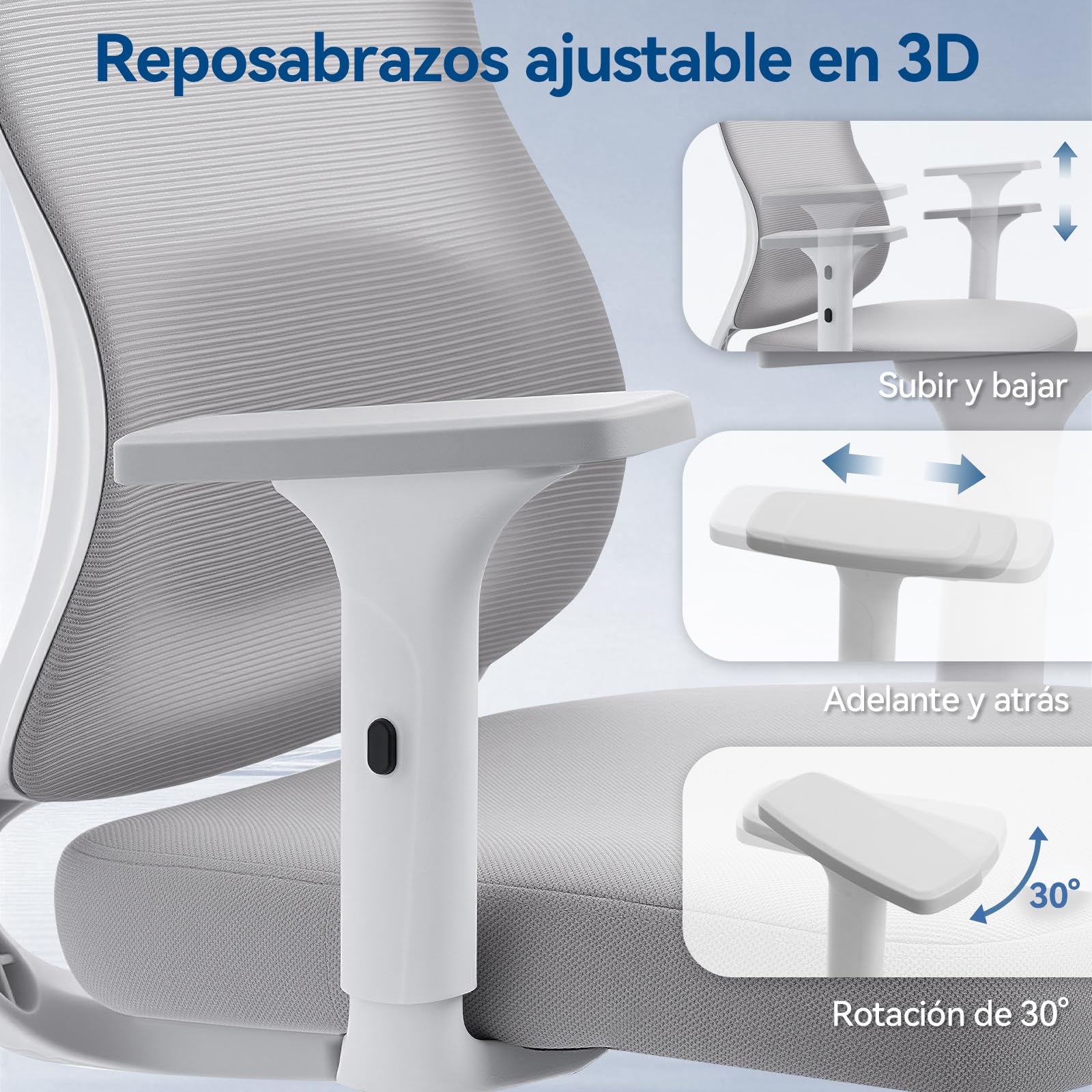 rattantree 150kg Silla Oficina Ergonómica Malla reposabrazos 3D | Respaldo reclinable con cabecero, altura regulable, ruedas silenciosas, apta teletrabajo y gaming, montaje sencillo, gris