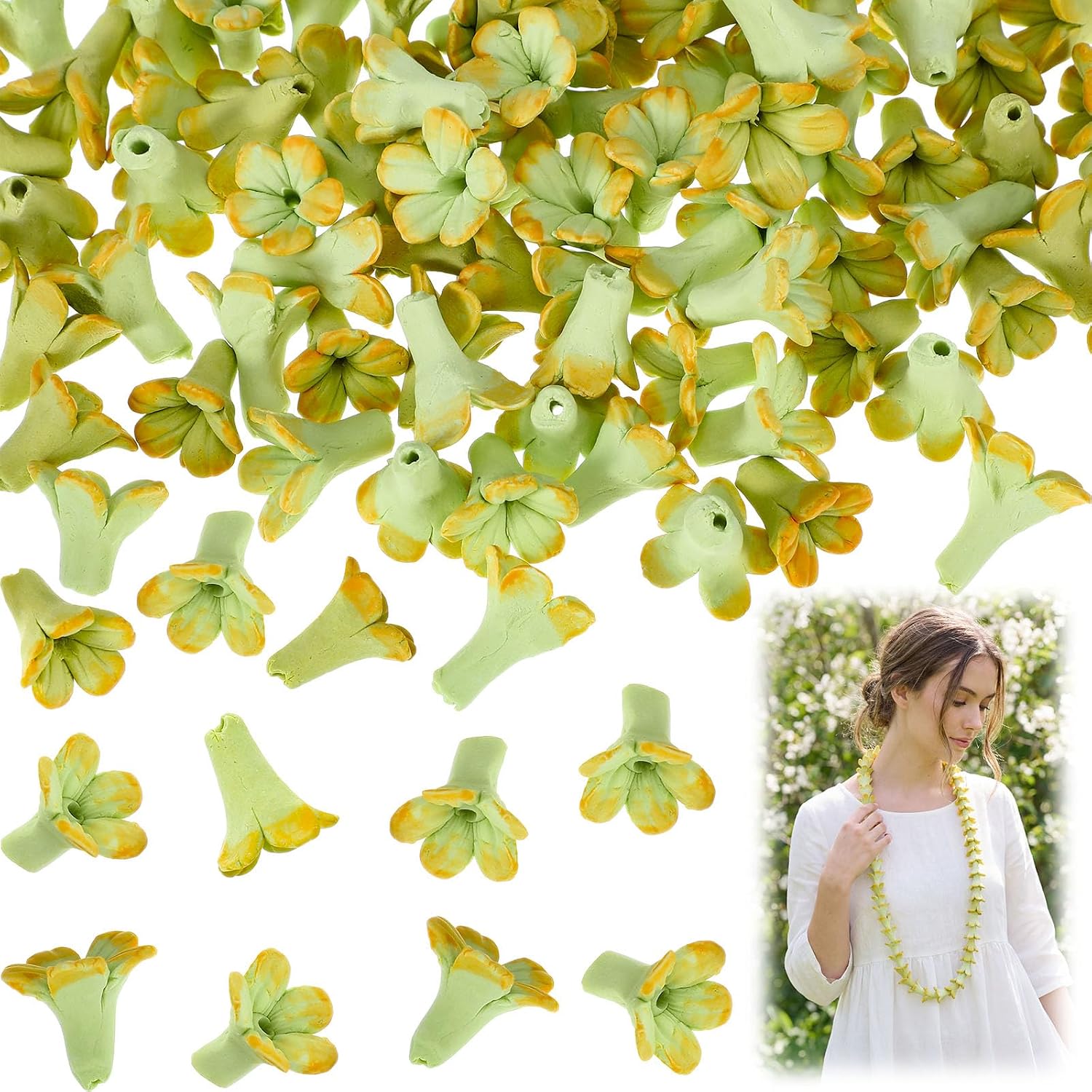 Jutom 100 Pcs Pakalana Clay Flowers Beads Handmade Cowslip Creeper Clay flower Beads with Pre-drilled Holes for Earrings Necklaces Jewelry Making Floral Creations DIY Craft Supplies (Yellow and Green)