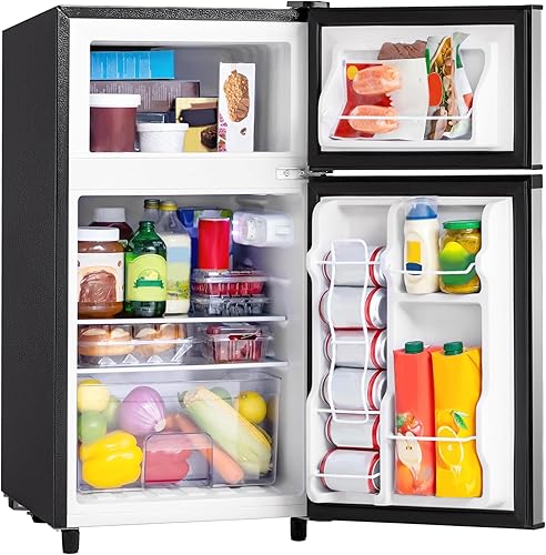 Miniatura 7 de Manastin Mini refrigerador de 3.5 pies cúbicos con congelador, refrigerador pequeño de 2 puertas, termostato ajustable de 7 niveles, refrigerador
