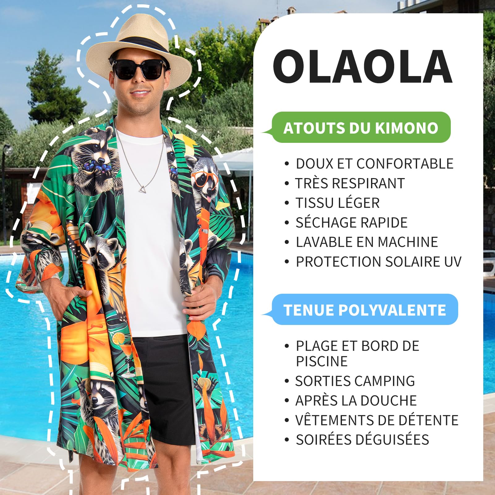 OLAOLA Kimono Plage Homme Cardigan Vacances Été Cover Up Léger Poolparty | Cover-up léger pour vacances d'été. Parfait pour piscine, croisière, EVG et voyage tropical. Élégance estivale garantie.