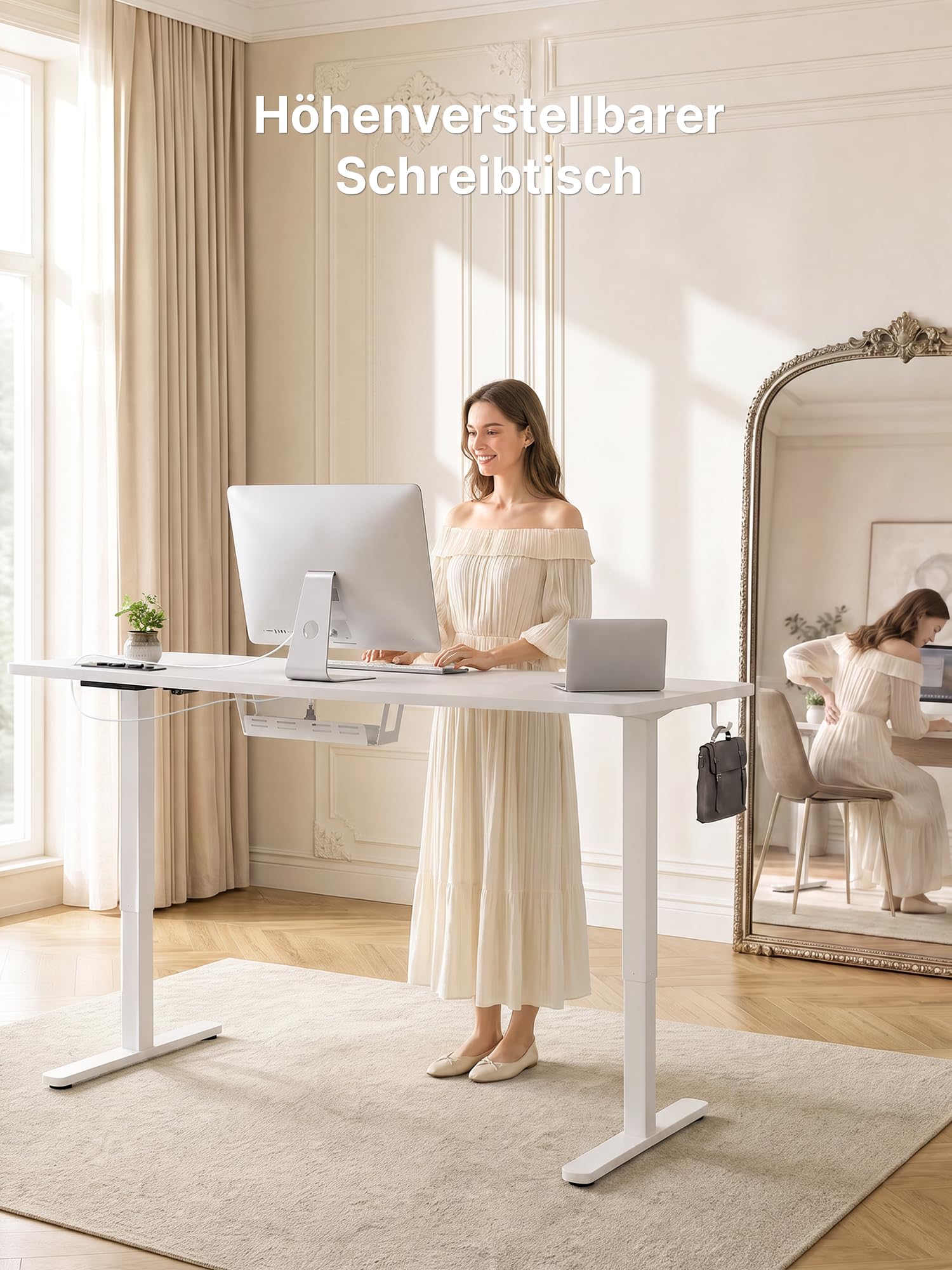 JUMMICO Höhenverstellbarer Schreibtisch 140x70 cm mit Steckdose | Schreibtisch Höhenverstellbar Elektrisch Stehtisch, Steh-Sitz Tisch, Bürotisch Computertisch, Wolkenweiß