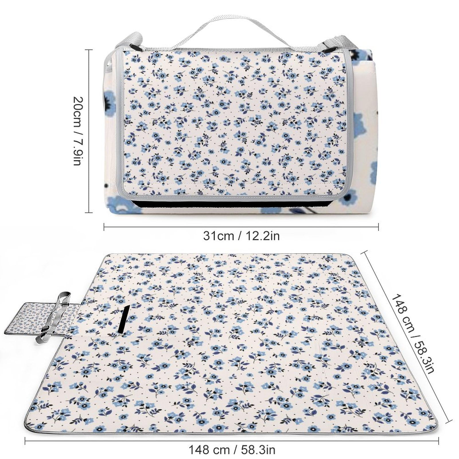 Vintage-Flower-Pattern Picnic Blanket Waterproof Foldable, Large Outdoor Picnic Blanket Beach Blankets Camping Blanket Travel Mat, Shoulder Strap Tote, Rectangle 58x58in