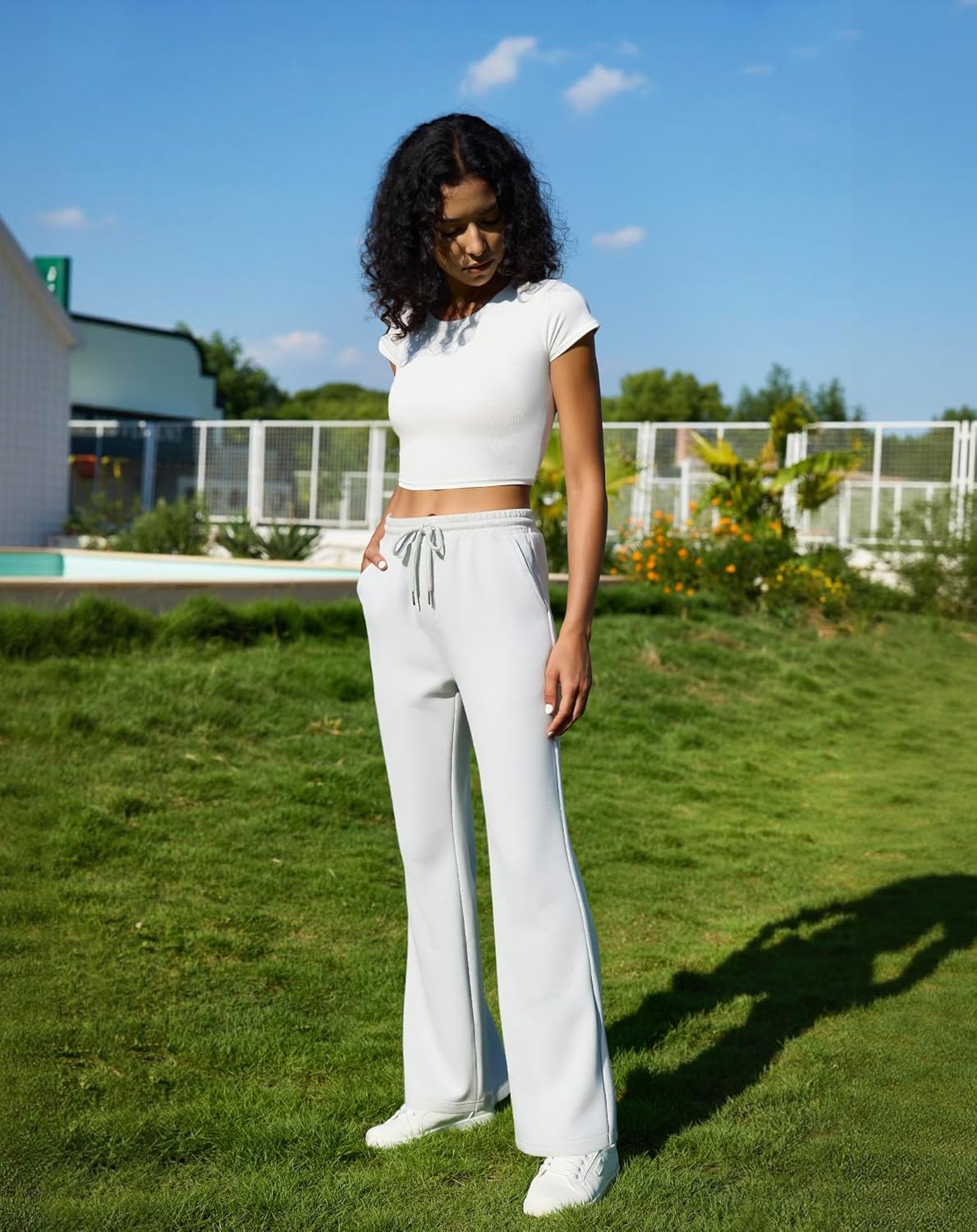 Womens High Waisted Flared Sweatpants Drawstring Casual Lounge Lightweight Wide Leg Pants with Pockets - Image 7