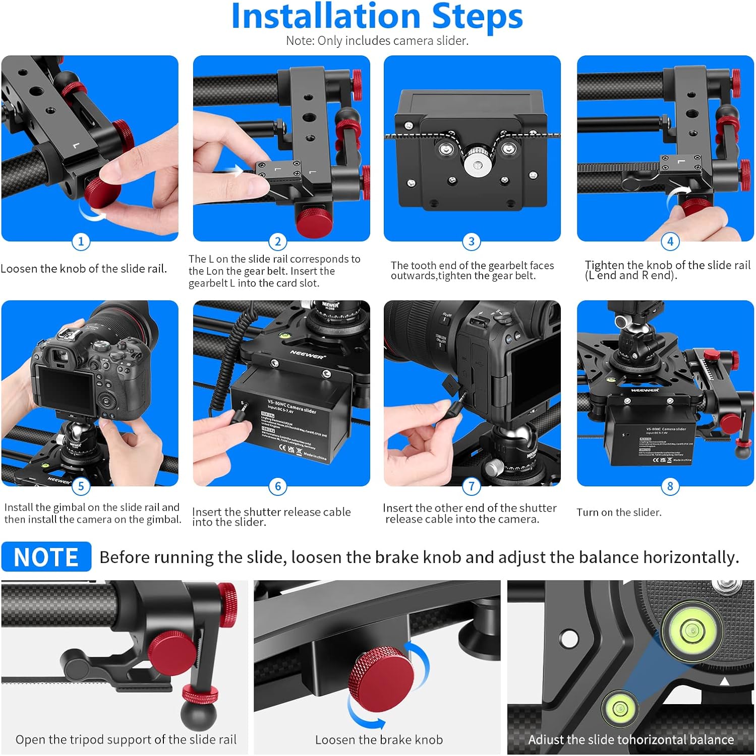 Eight-step visual guide for assembling the Neewer camera slider