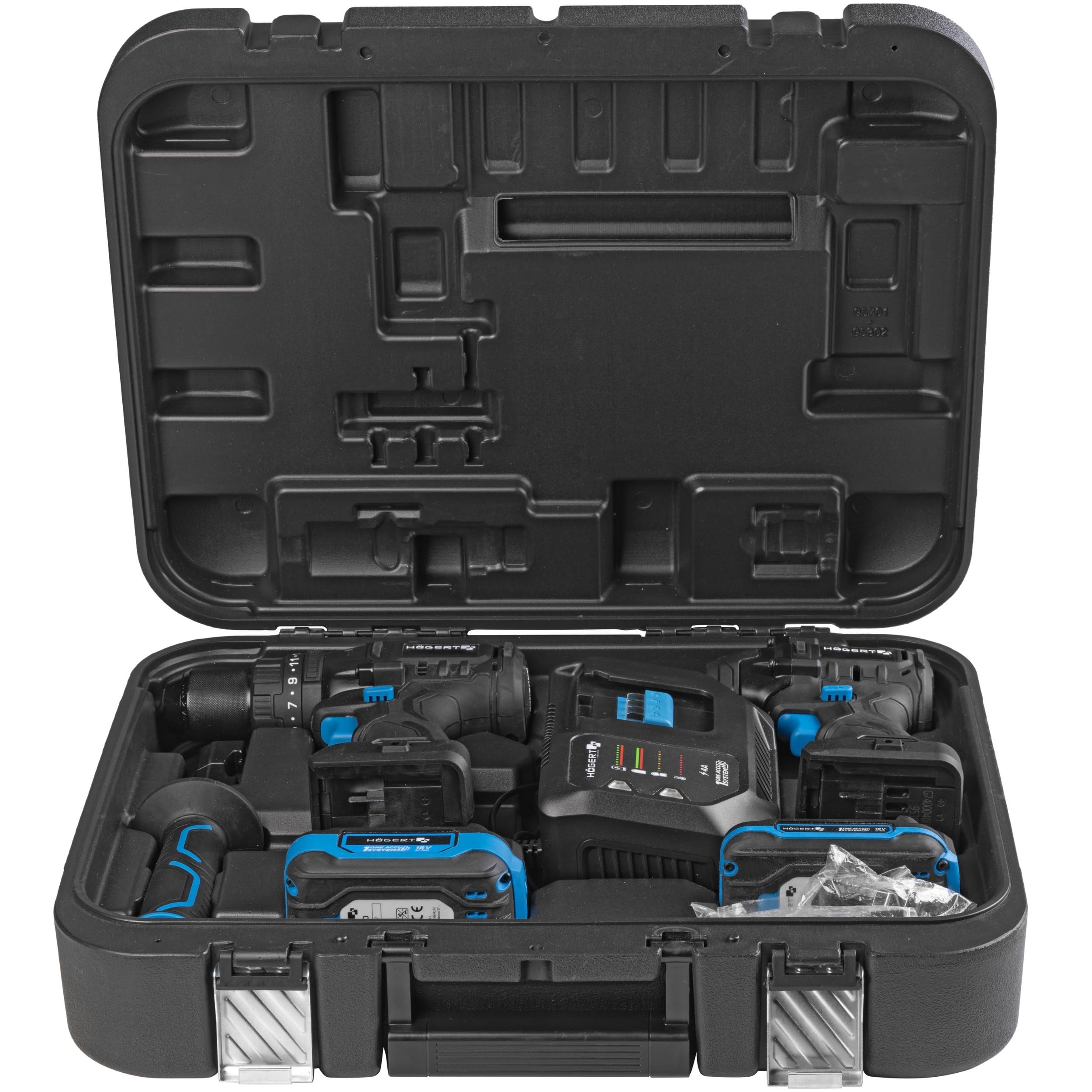 HÖGERT TECHNIK Set de taladro percutor a batería 18V, 200 Nm y 100 Nm, 2 atornilladores de impacto sin escobillas, 2 baterías, cargador 4A, iluminación LED, engranaje metálico, para madera y metal