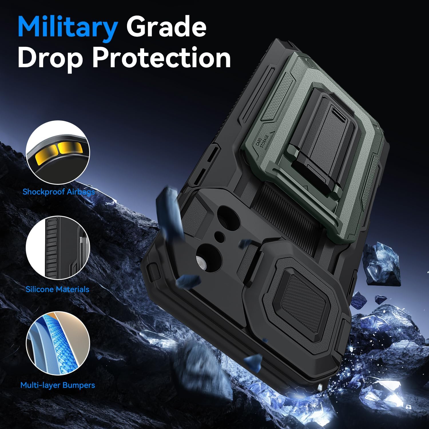 for iPhone 17 Pro Max Case with Semi-Automatic Card Slot (3-4 Cards) RFID Blocking & Kickstand & Camera Lens Cover & Wallet, Heavy Duty Rugged Phone Case (Green)