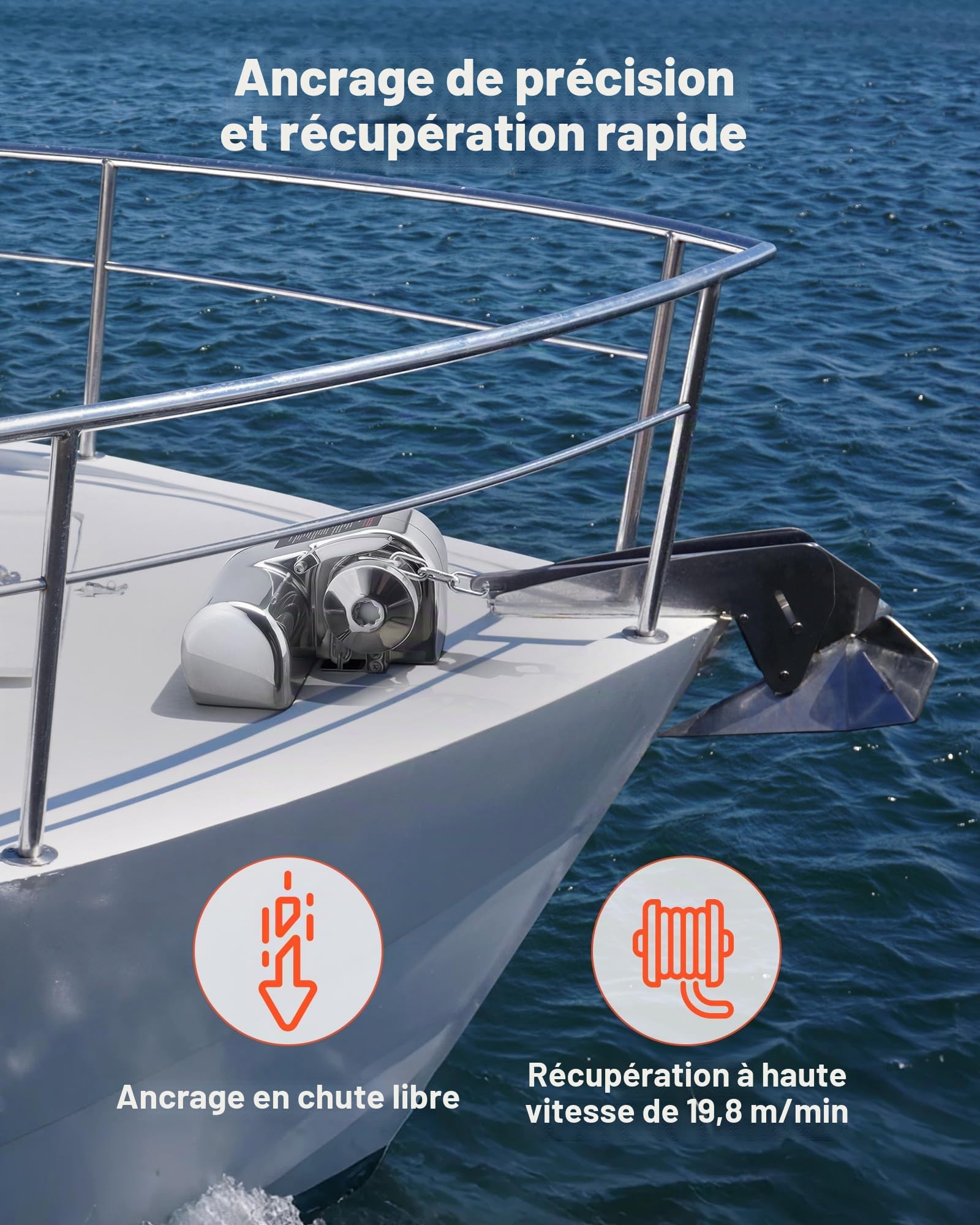 VEVOR Guindeau Électrique, 12 V CC, Guindeau Ancre de Bateau 7-9 m, Traction Maximale 260 kg, 600 W, Compatible avec Chaîne 6,35 mm ou Corde Nylon 14 et 16 mm, Construction en Acier Inoxydable 316