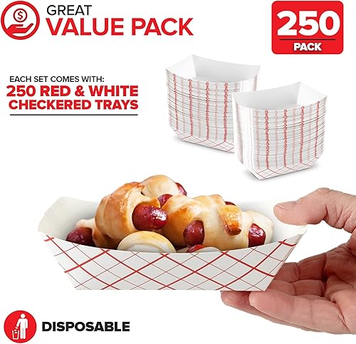 Miniatura 2 de Botes pequeños de papel para alimentos (paquete de 250) bandejas desechables de papel a cuadros rojos y blancos de 1 libra, bandejas de papel