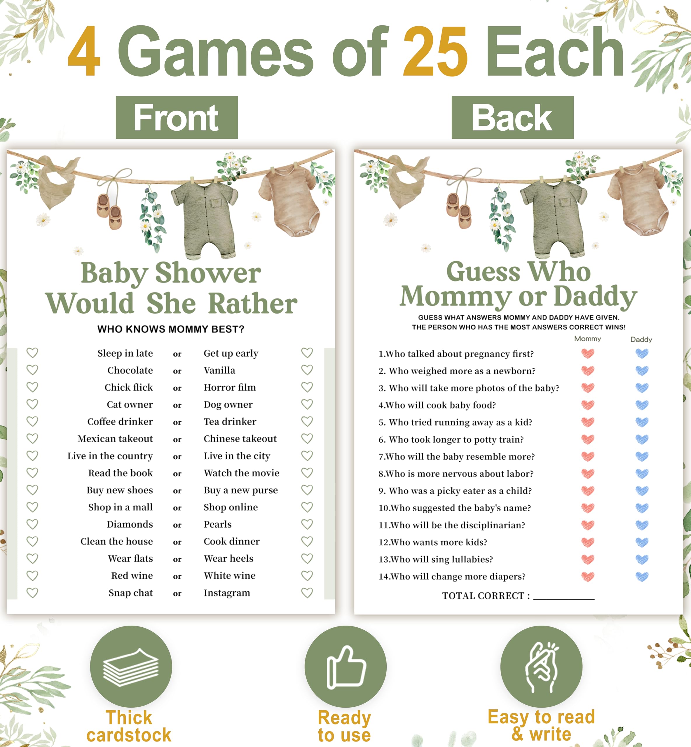 Baby Shower Games for Boys, Bingo Game for 25 Guests, Fun Mommy or Daddy Prediction Game, Would She Rather Sage Green Baby Shower Decorations Ideas