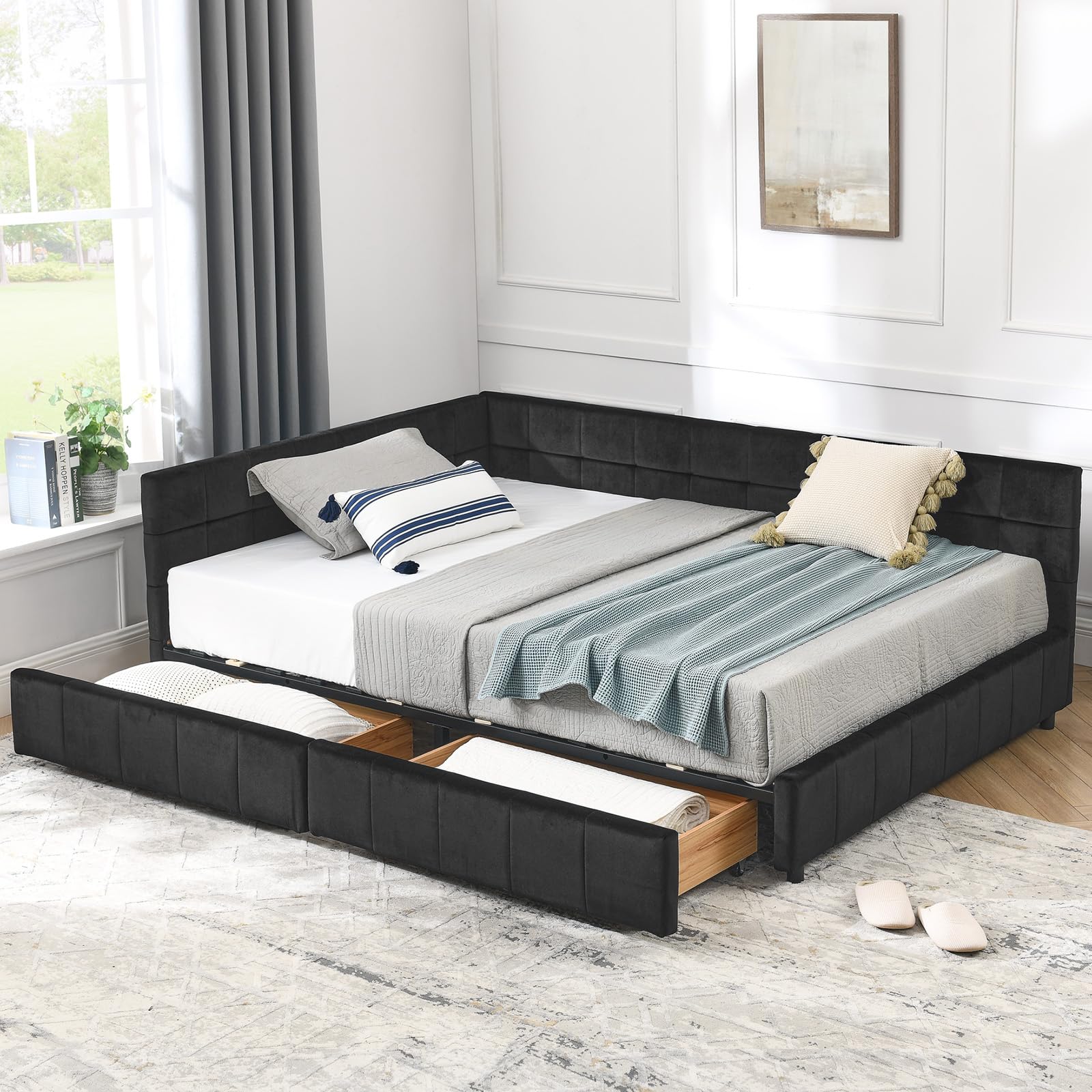 MWrouqfur Velvet Corner Bed Frame Full, Upholstered Corner Daybed with Drawers, Full Size Day Bed Frame with Storage, Classic Tufted Design,