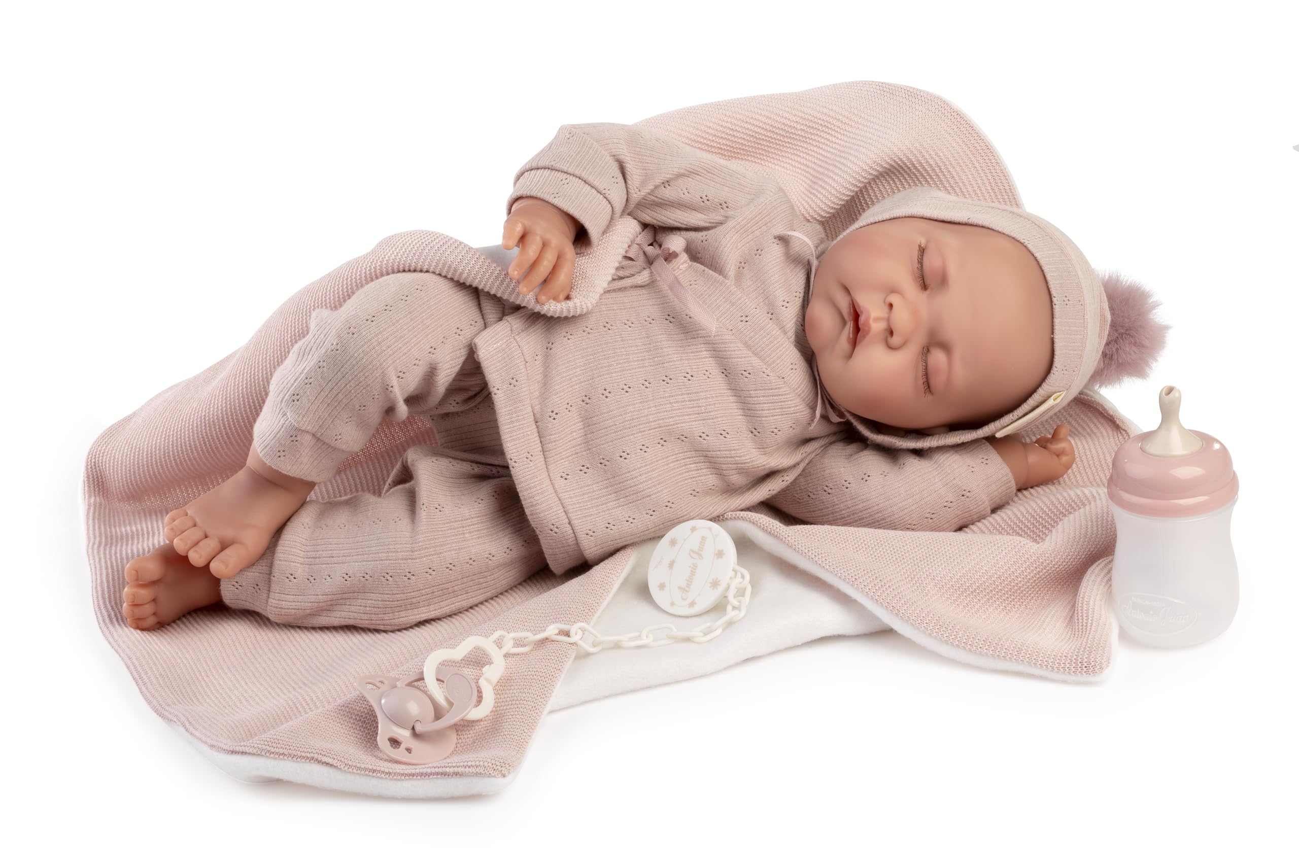 Muñecas Antonio Juan - Muñeca Bebé Recién Nacida Luna con Toquilla, 42 cm, Cuerpo Blandito, Ojos Cerrados, Incluye Accesorios, Color Rosa