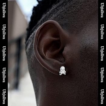 Konov Men's Gothic Skull & Skeleton Hand Stud Earrings - Stainless Steel, Black/Silver (10x15mm)