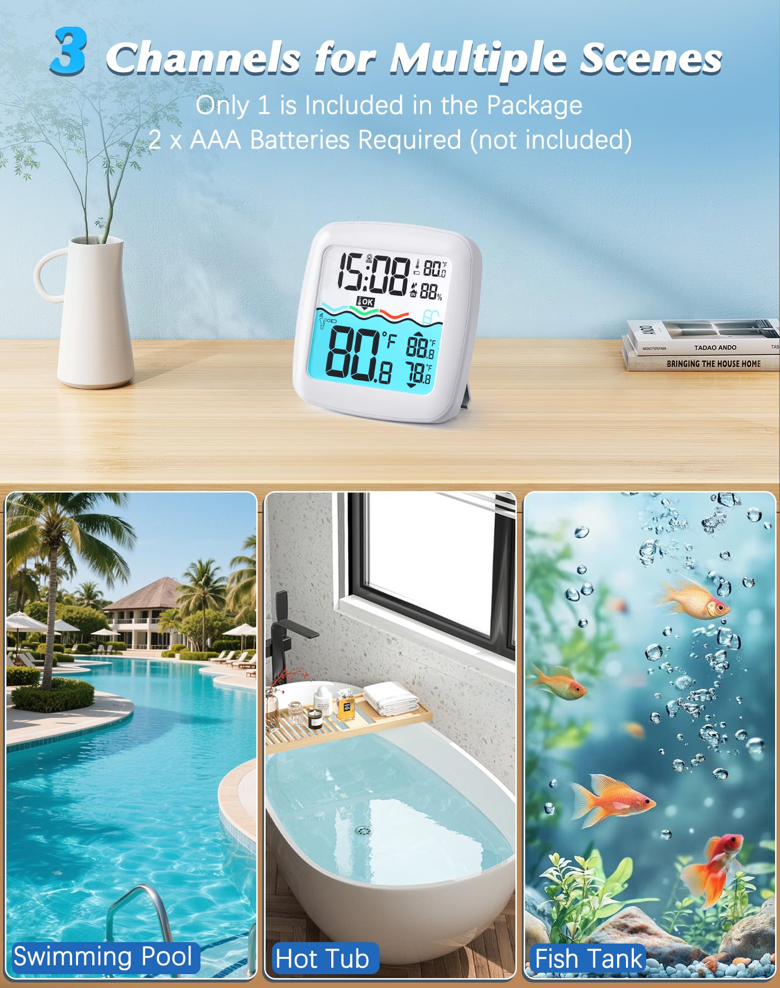 Termómetro inalámbrico flotante de fácil lectura, IPX8 impermeable, monitor digital de temperatura del agua, pantalla instantánea con 2 llaves de sellado para piscina, spa, jacuzzi, inmersión