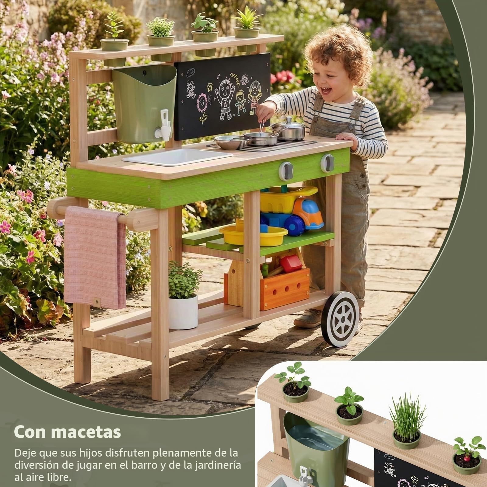 MAMIZO Cocina de Jardín Infantil Exterior de Madera, Cocina de Juguete con Ruedas, Grifo Funcionante, 4PCS Maceteros, Pizarrón, Estanterías y Accesorios, 88,5x33,5x85 cm, para Niños +3 Años