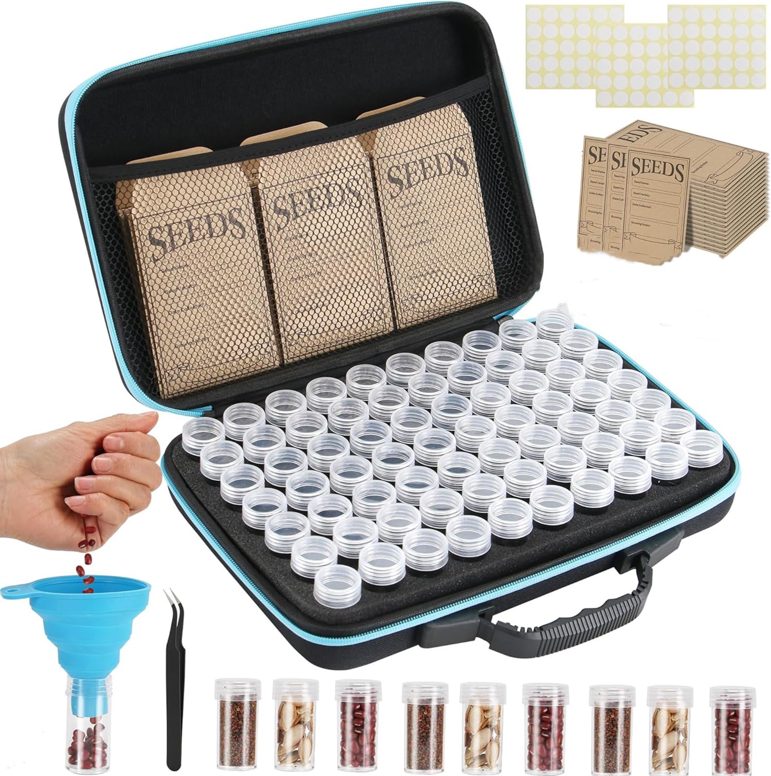 Organizador de almacenamiento de semillas de 60 ranuras con 10 sobres de semillas, caja de almacenamiento resistente para guardar semillas con cremallera y etiquetas adhesivas (semillas no incluidas