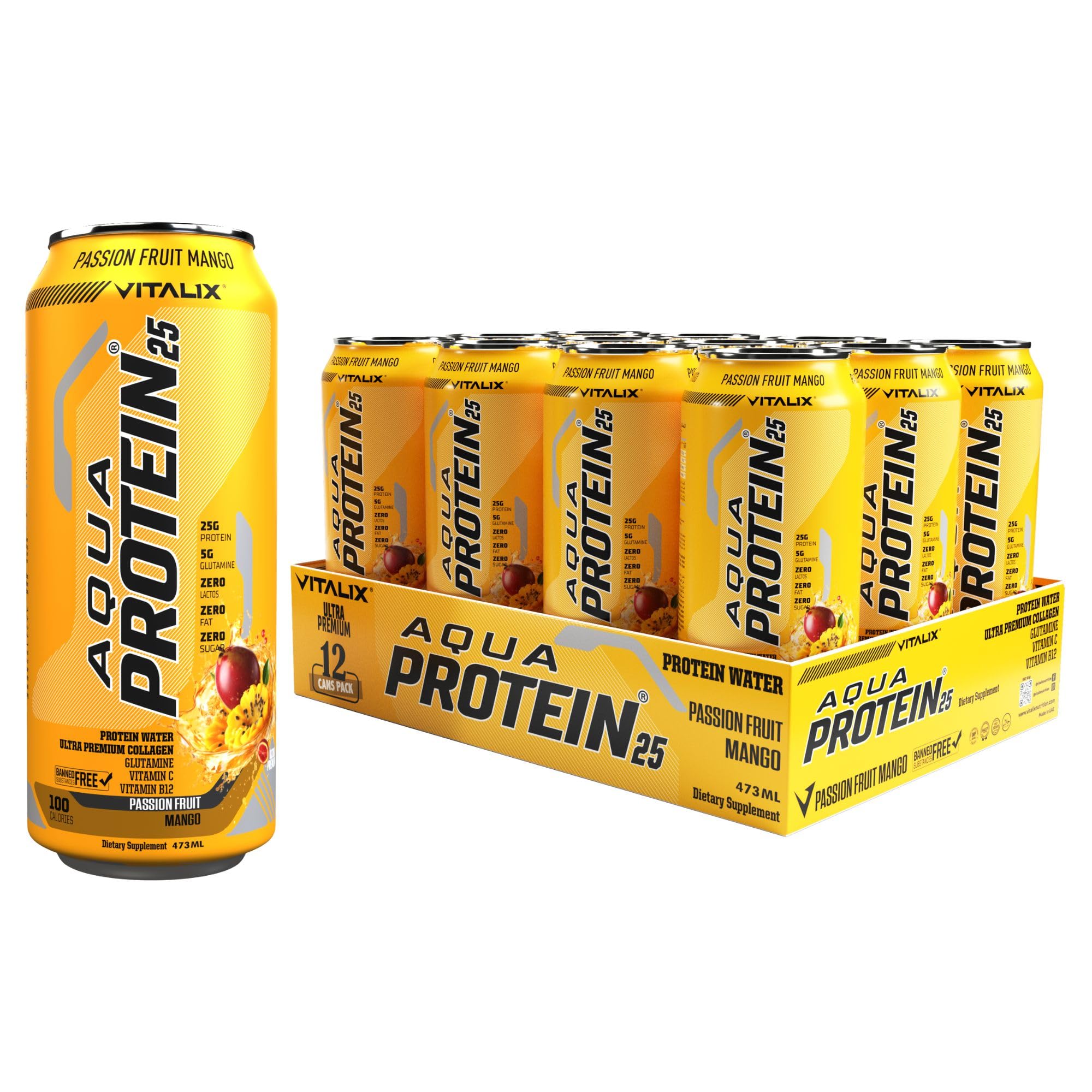 Aqua Protein 25 Passion Fruit Mango - Protein Water with 25g Protein - Collagen, Glutamine, Vitamins B,Lactose Free, Sugar Free, Zero Fat, 473ml Pack of 12