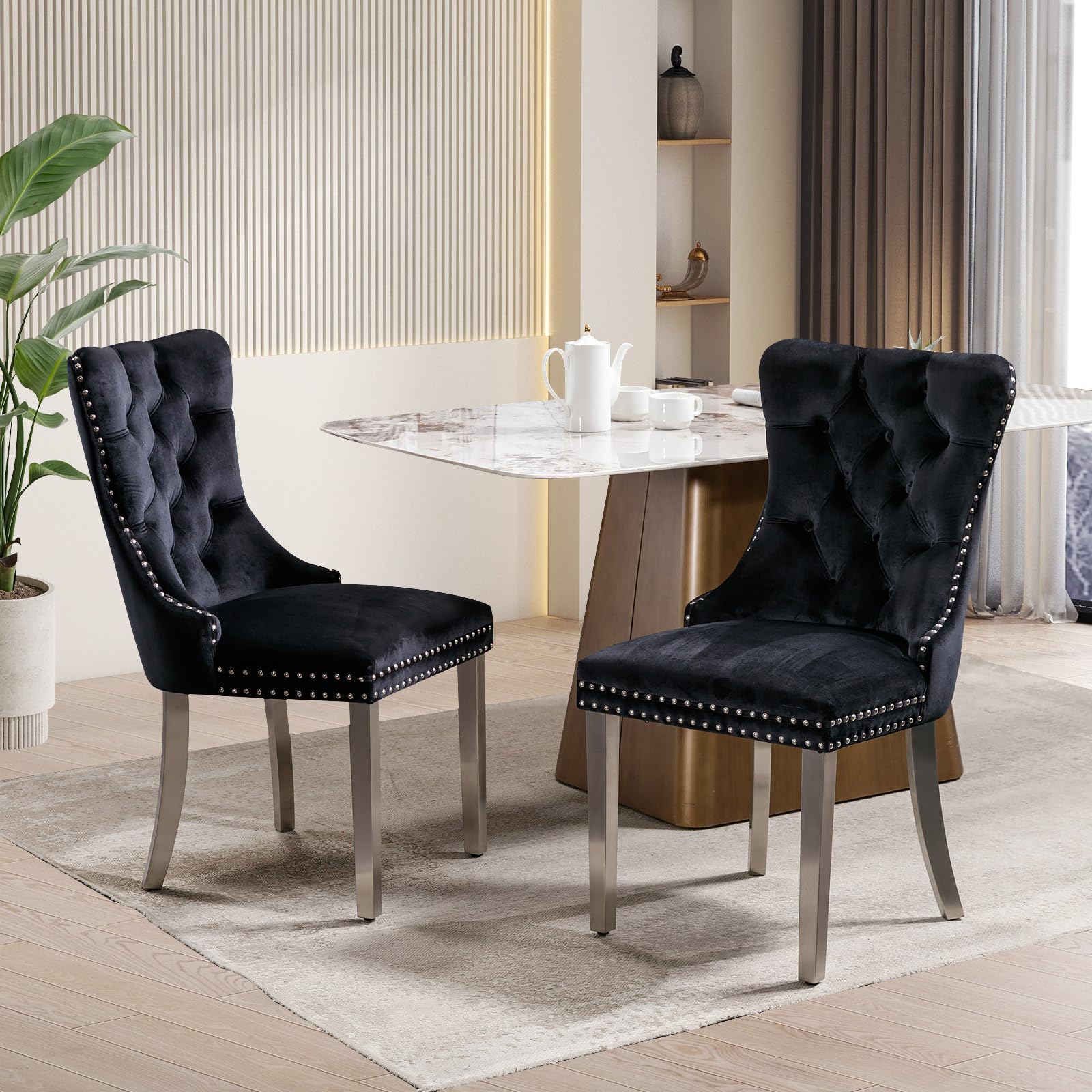 velvet upholstered dining chairs set of 2, modern mid-century kitchen chairs with high back, nailhead trim and sliver legs,metal pulling ring for dining room living room