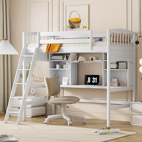 Merax Twin Loft Bed with Desk, Solid Wood Twin Size Loft Bed Frame with Shelves, White