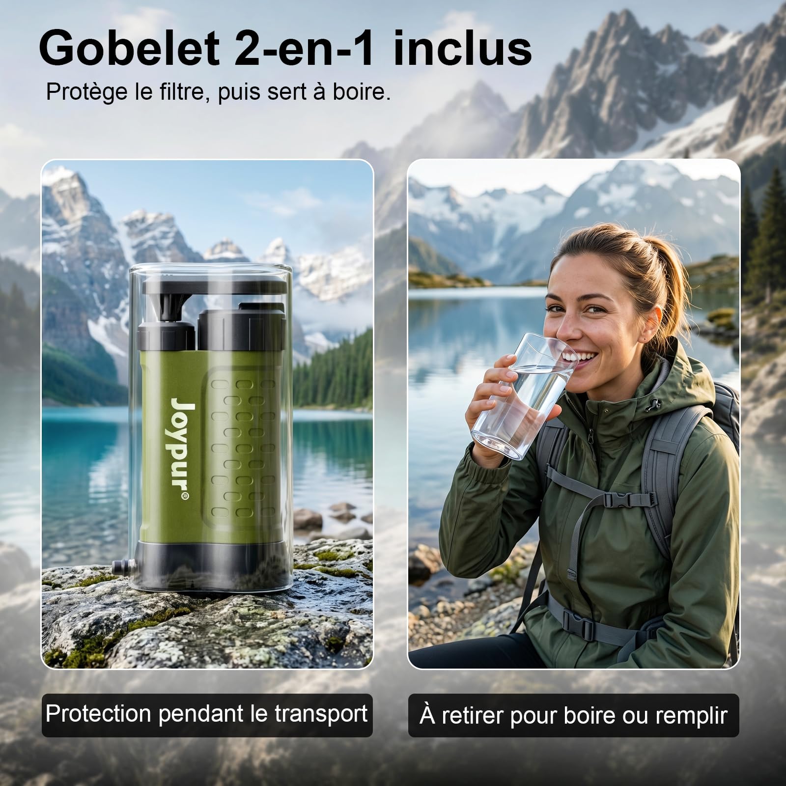 Filtre à Eau Portable 5 Étapes 0,01 μm, Pompe Filtrante Manuelle avec Gobelet 480 ml, Préfiltre Externe, Léger 340 g, pour Randonnée, Camping, Trekking et Activités en Plein Air（K8192-green）