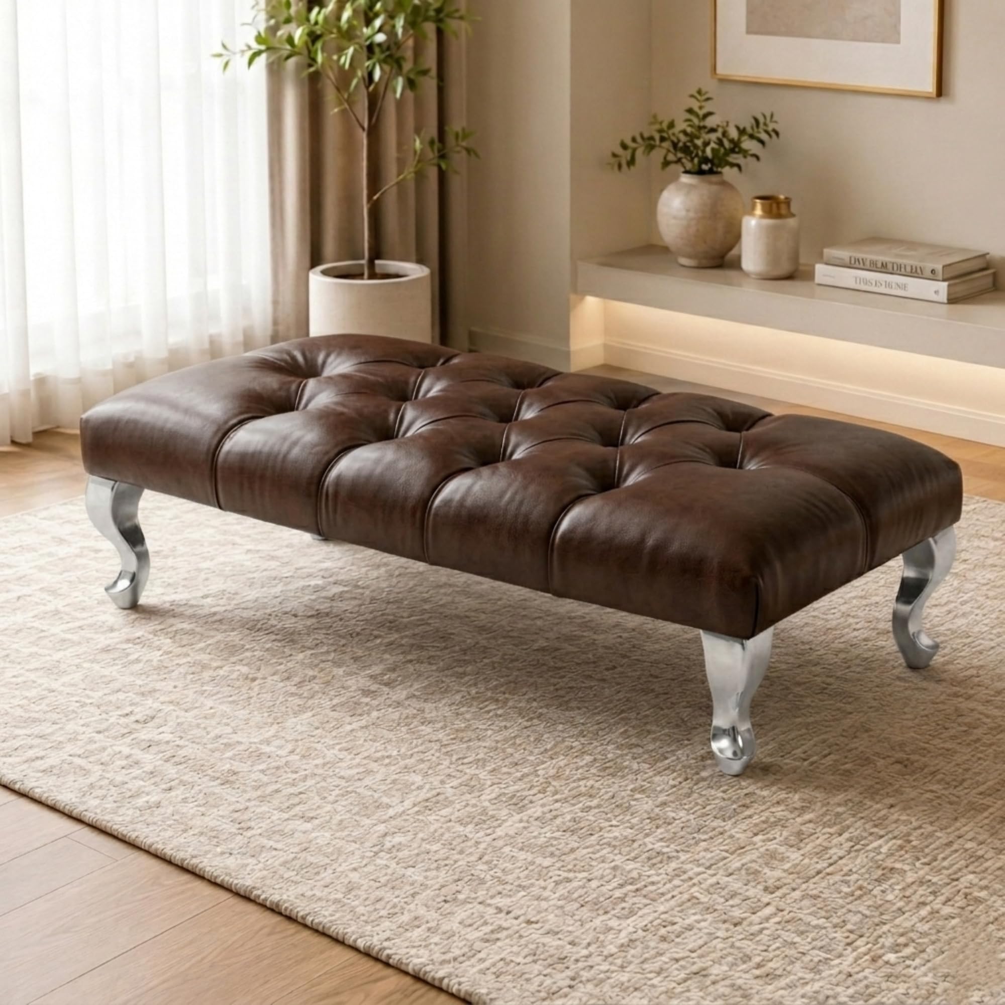 Aiza Chesterfield Leather Footstool Bench Silver Legs 102cm - Brown Leather