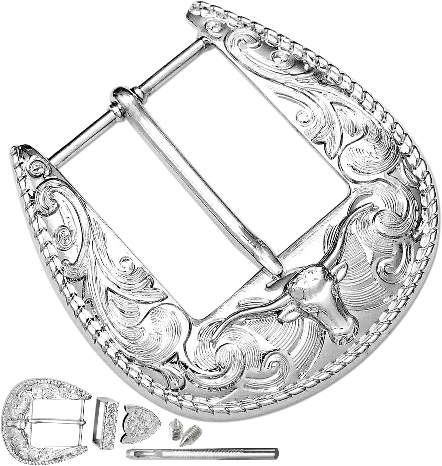RechicGu1.5"(38mm) Western Belt Buckle, LongHorn Bull Engraved Replacement Buckles, Cowboy Reversible Belt Accessory for Men Women, Polish Silver, Large