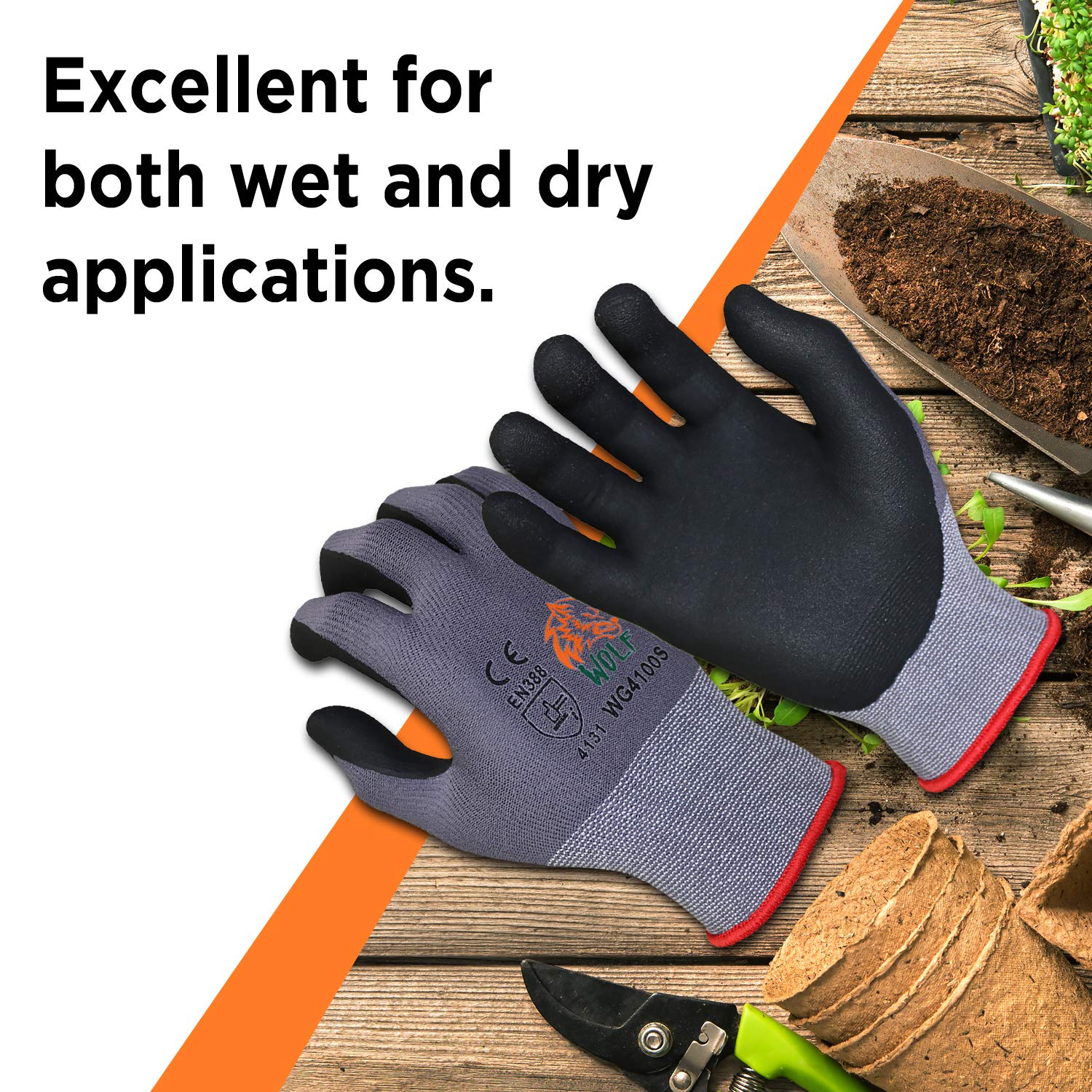 WOLF - Guante de trabajo ultrafino de espuma de nitrilo con revestimiento de palma de nailon, para construcción, jardinería, mecánica, almacén, multiusos, color negro (12, S)
