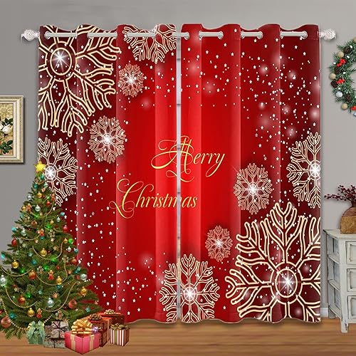 Renaiss Cortinas opacas con estampado de copos de nieve dorados, paneles de cortina para ventana para dormitorio, invierno, Navidad, con ojales Renaiss Cortinas opacas con estampado de copos de nieve dorados, paneles de cortina para ventana para dormitorio, invierno, Navidad, con ojales