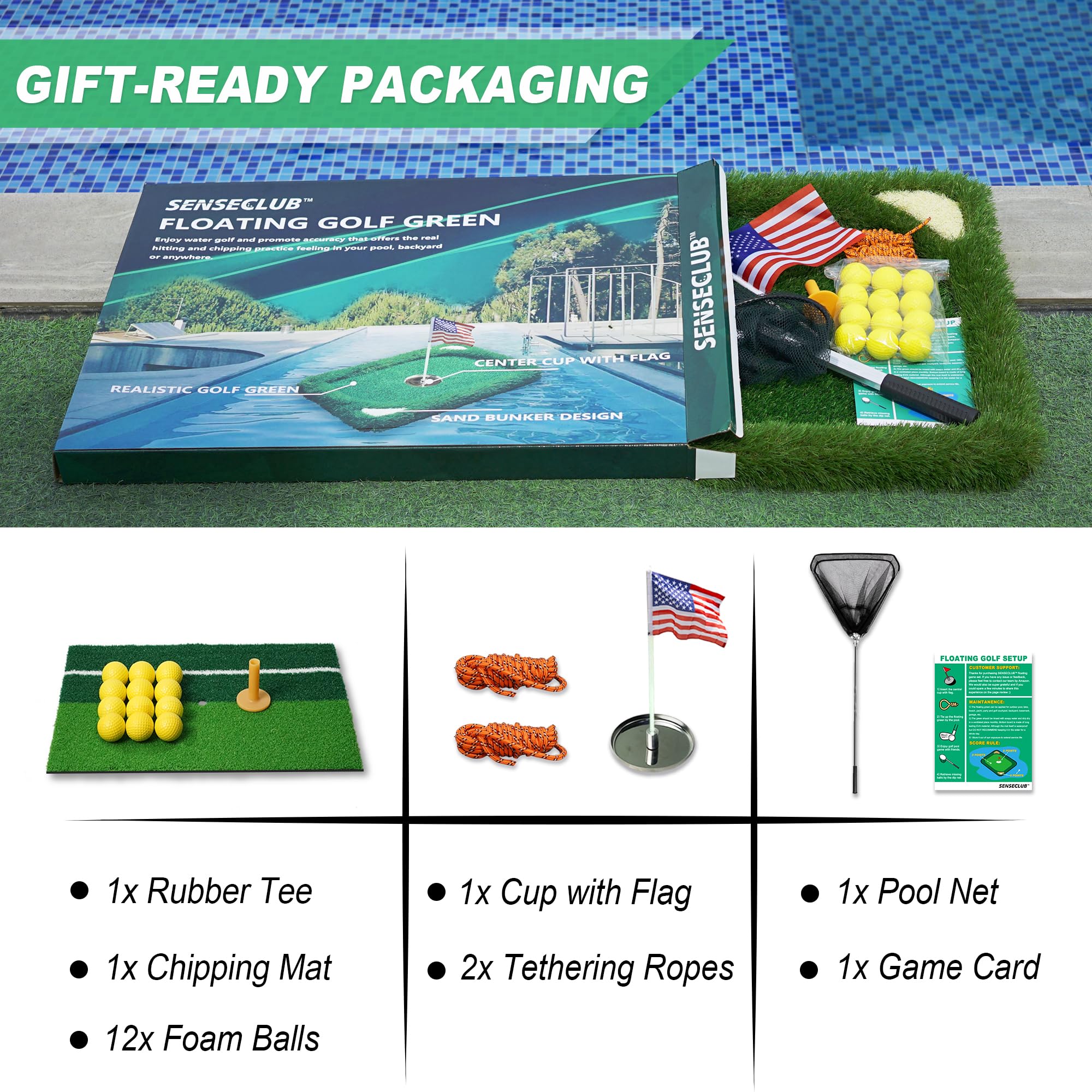 SENSECLUB Vert flottant pour piscine, jeu de golf flottant avec tapis de copeaux et 12 balles en mousse