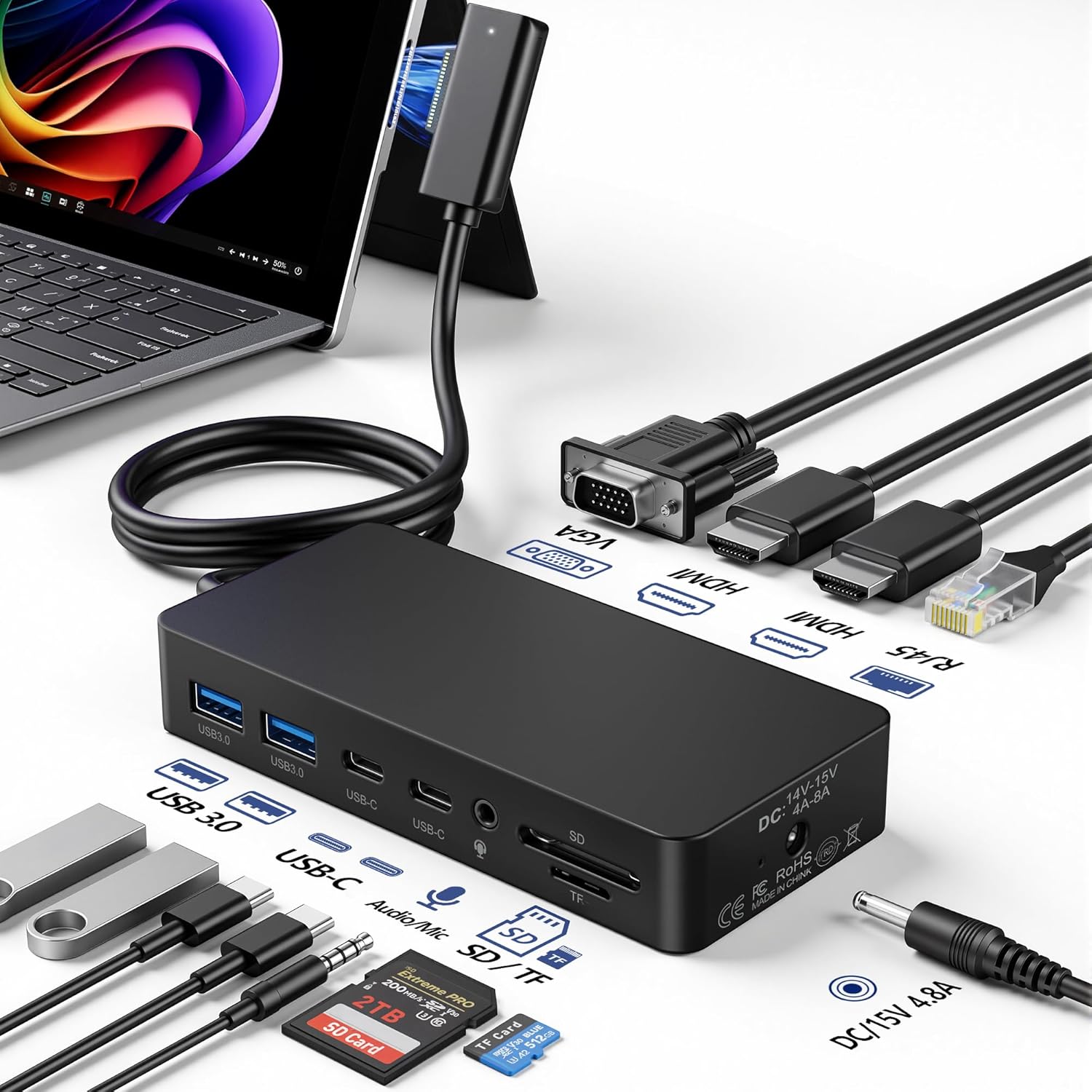 12-in-1 Surface Docking Station with Triple Displays, Dual 4K HDMI VGA for Surface Pro 11/10/9/8/X/7/6/5/4/3, Surface Laptop 7/6/5/4/3/2/1, Surface Book, Surface Go