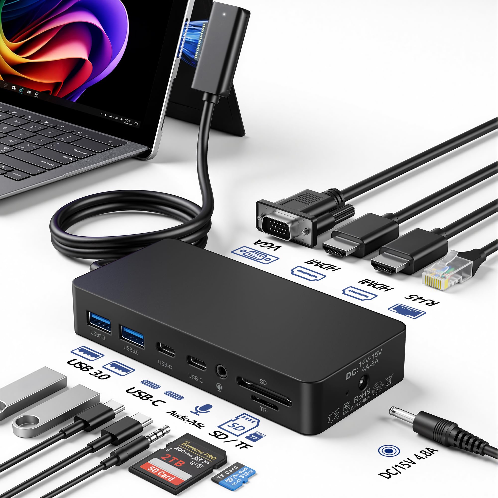 Surface Docking Station, 12-in-1 Triple Displays VGA +Dual HDMI Surface Dock, Surface Docking Station for Surface Pro 11/10/9/8/X/7/6/5/4/3, Surface Book, Surface Laptop Dock