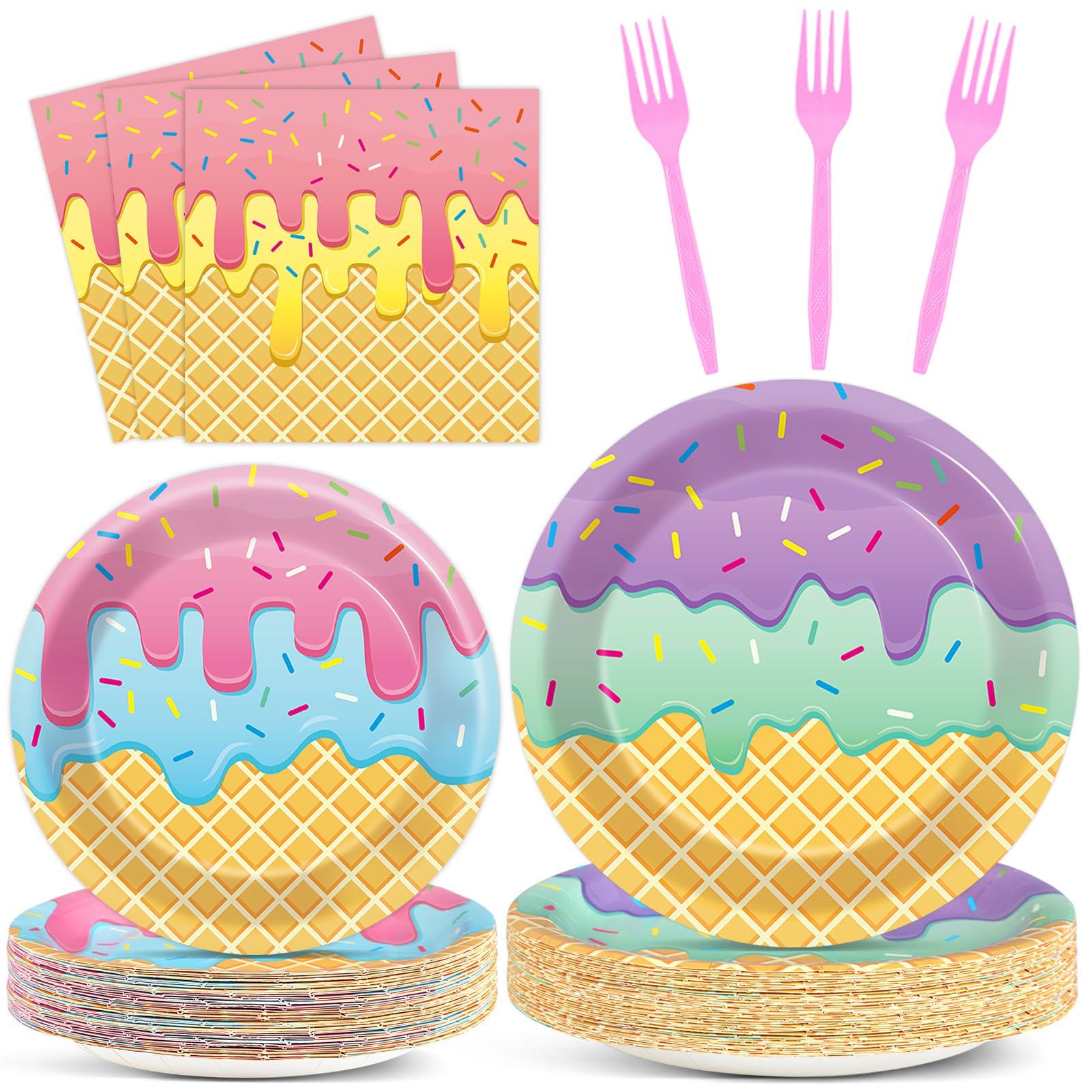 QOUBAI 100Pcs Ice Cream Birthday Party Supplies Pink Sweet Ice Cream Paper Plates Napkins Fork Set Disposable Fairy Ice Cream Tableware Decorations for Girls Baby Shower Dinner Serves 25