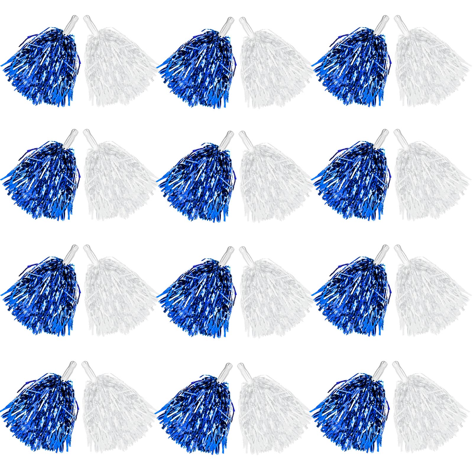DILIBRA 24 Pcs Metallic Cheerleading Pom Poms with Baton Handle (Blue+White