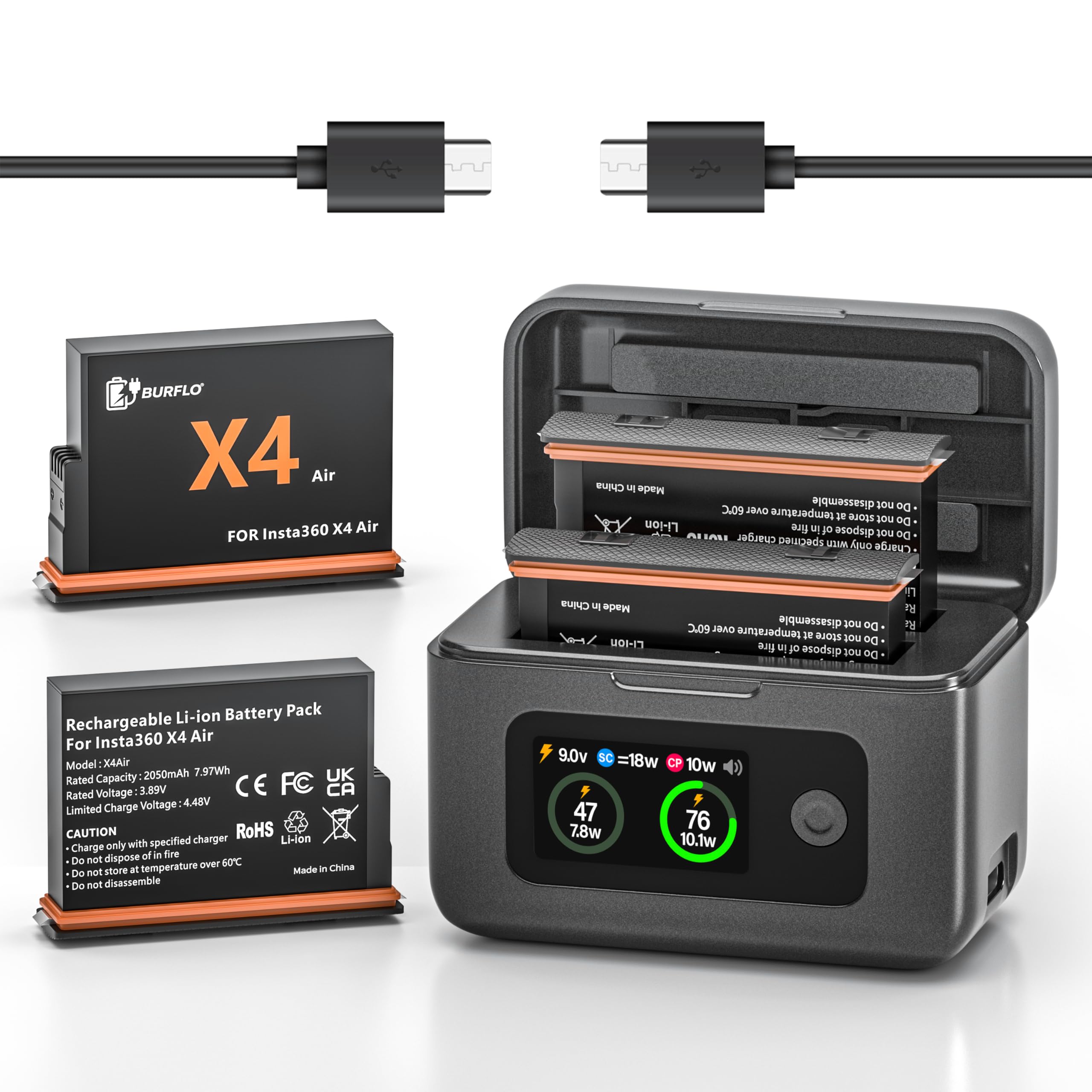2 Pack Battery for Insta 360 X4 Air Batteries with 20W Fast Charge Hub