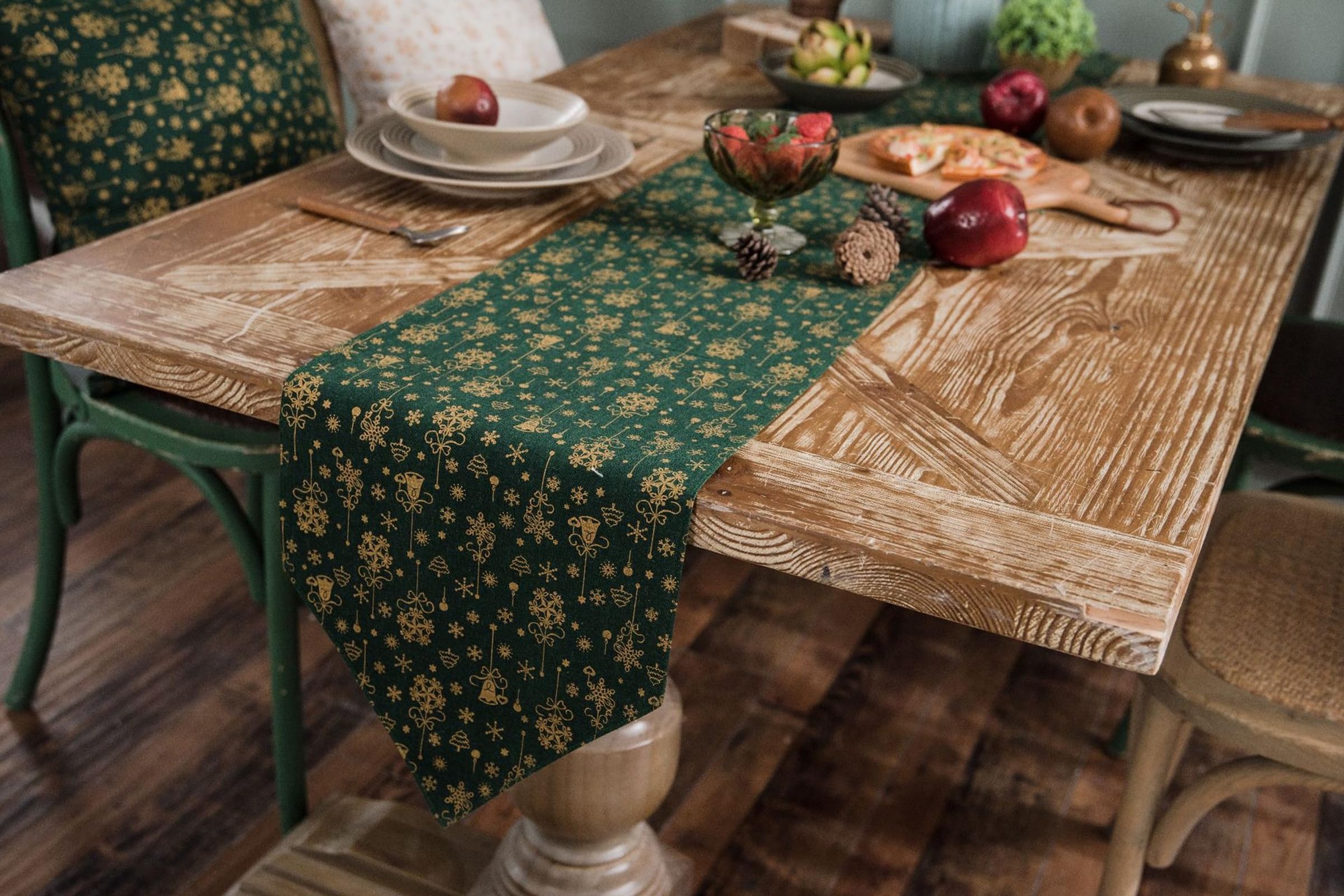 Runner da Tavolo Cotone Lino 30x200 cm, Runner da Tavola Moderno Lavabile Motivo Campanelle Natalizio e Fiocchi di Neve Decorazioni Matrimonio Tavoli per Cucina, Verde