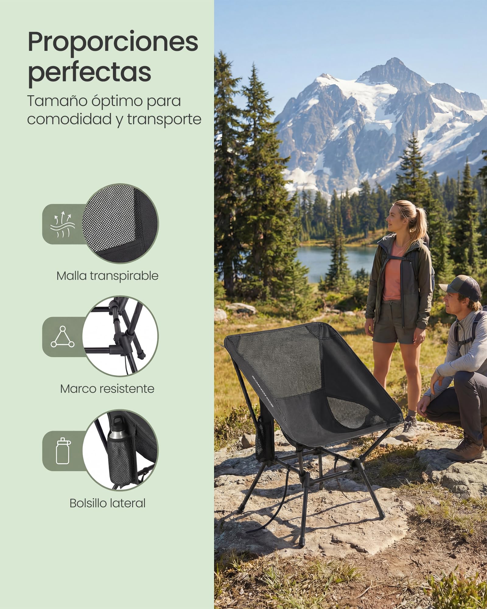 SONGMICS Silla de Camping con Respaldo Bajo, Juego de 2, Silla de Exterior Plegable de Altura Ajustable, Marco de Acero, Carga de 150 kg, con 2 Bolsillos, para Viajes, Negro GCB052BZ01 — view 5