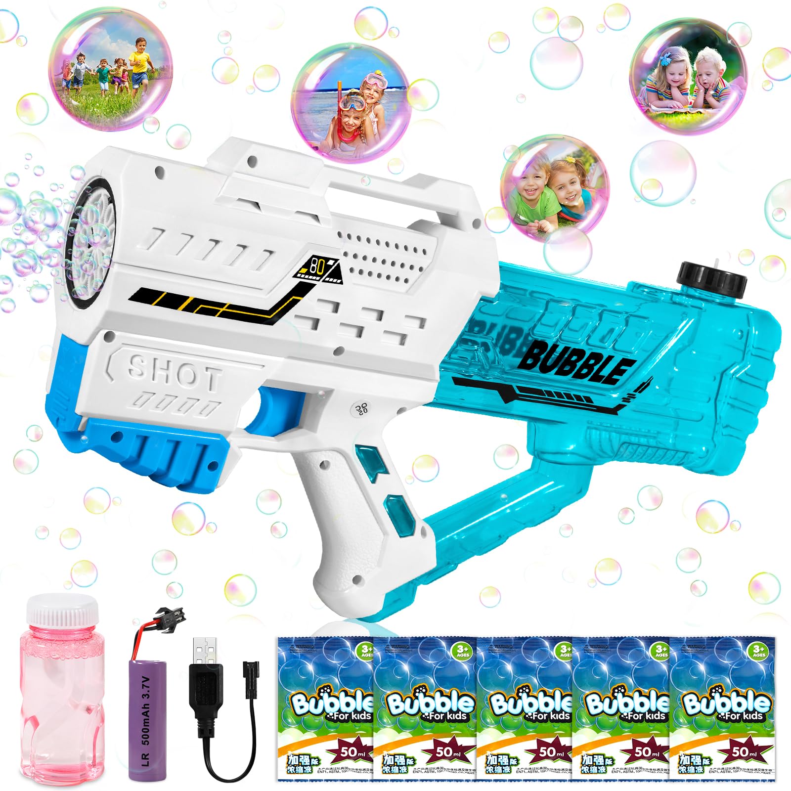 Pistolas de Burbujas, Pistola de Burbujas para Niños, Máquina Automática de Burbujas Silenciosa 10000+ Burbujas/Min con Solución/Luz para Fiesta al Aire Libre Boda (Azul)