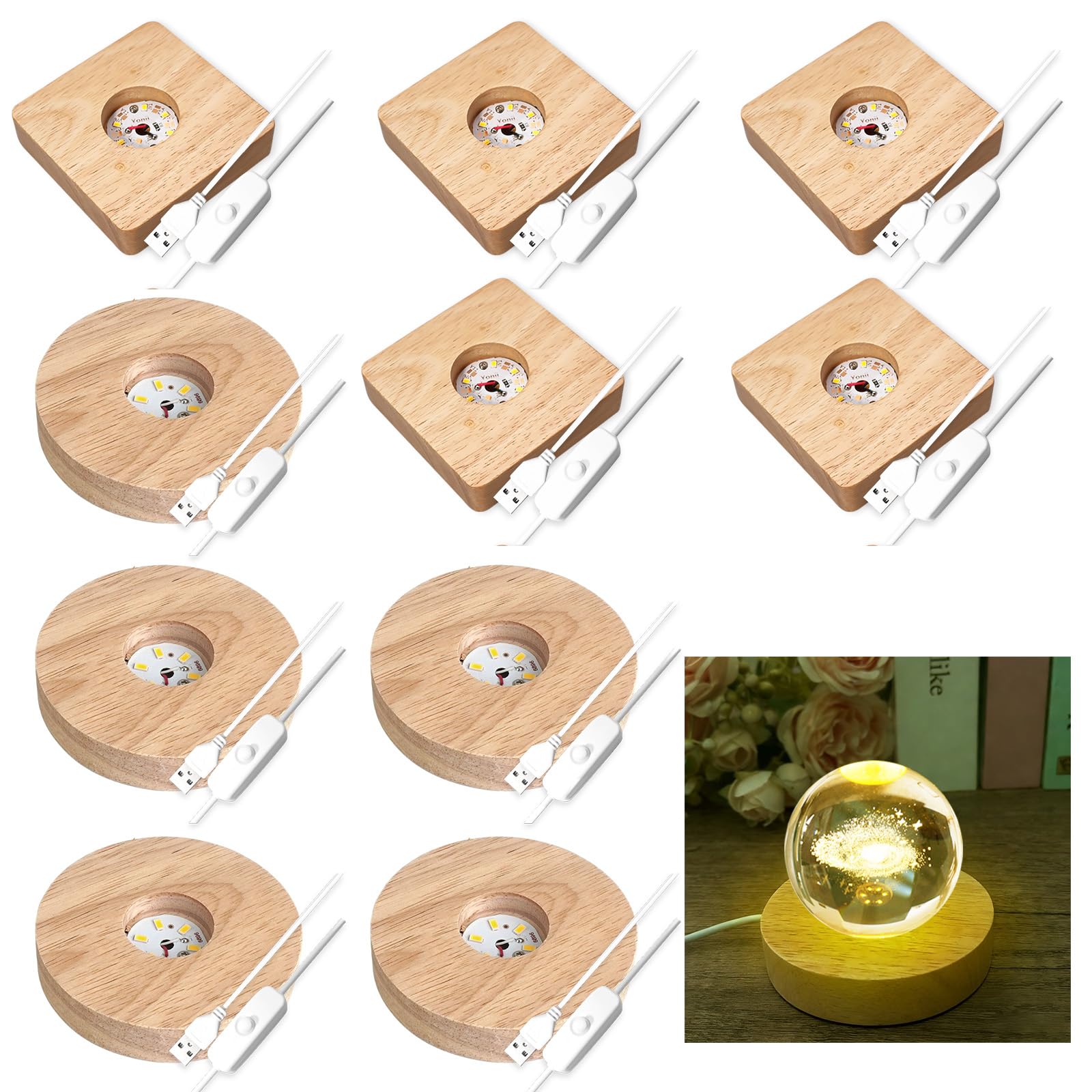 Base de madera LED redonda y cuadrada para arte en vidrio y decoración