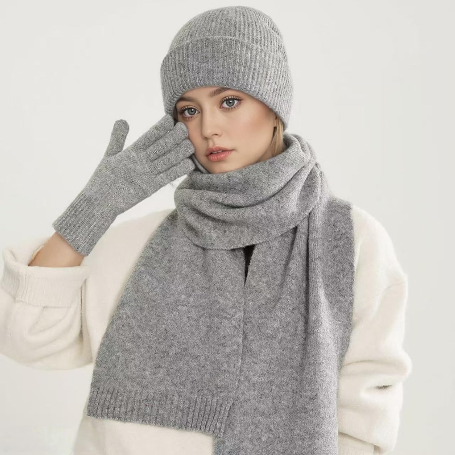 Winter Beanie Hat Scarf Gloves, Warm cashmere Knit Hat Long Scarf Neck Warmer Touch Screen Winter Gloves Gifts for Women