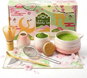Gifts for Women, Pink Matcha Set for Tea Lovers with Bowl and Caddy