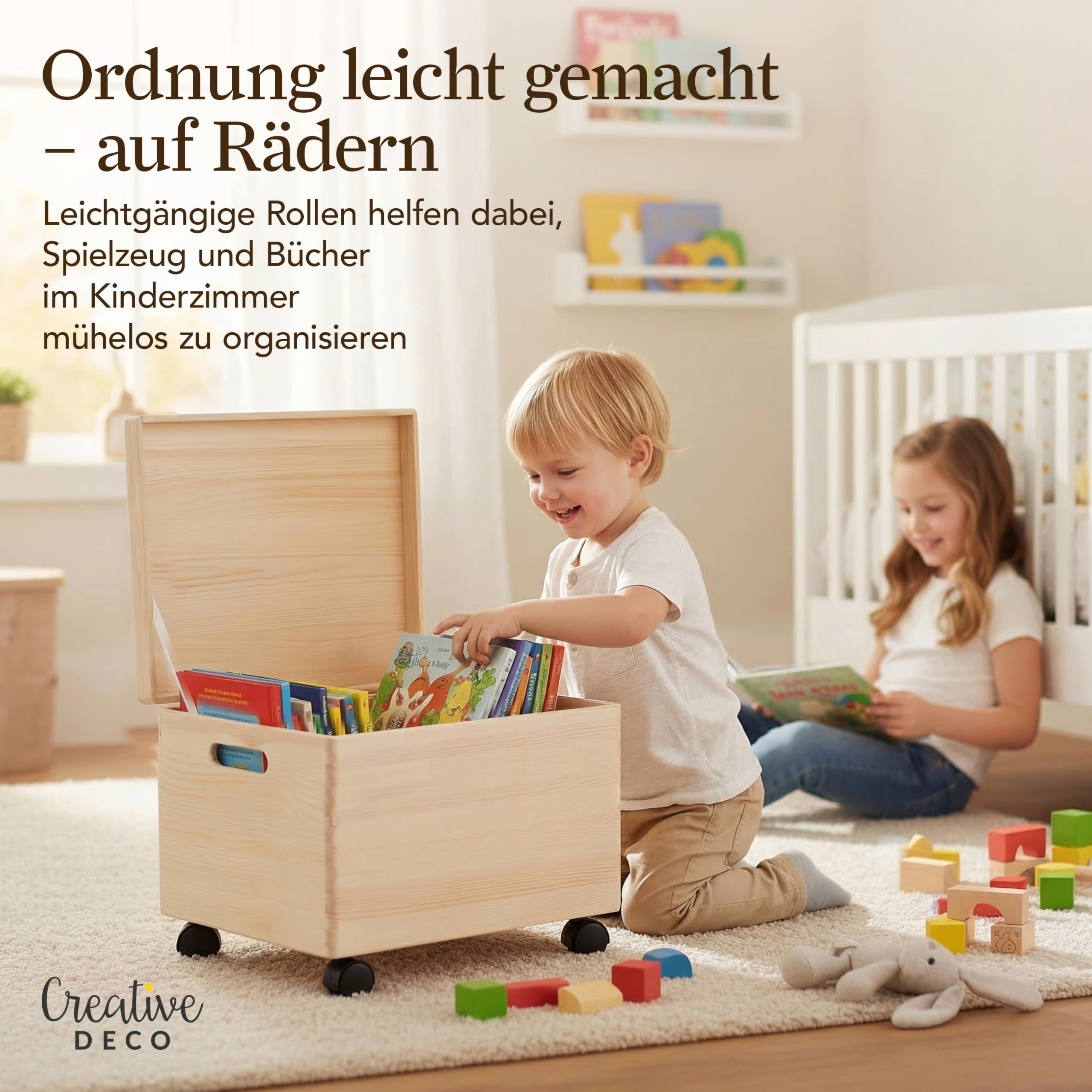 Creative Deco XXL Große Holzkiste mit Deckel und Rollen | 40x30x24 cm | (+/-1cm) | Ostern Holztruhe Erinnerungsbox Baby Holzbox mit Deckel und Griffen | Leicht zu transportieren | ROH UNGESCHLIFFEN