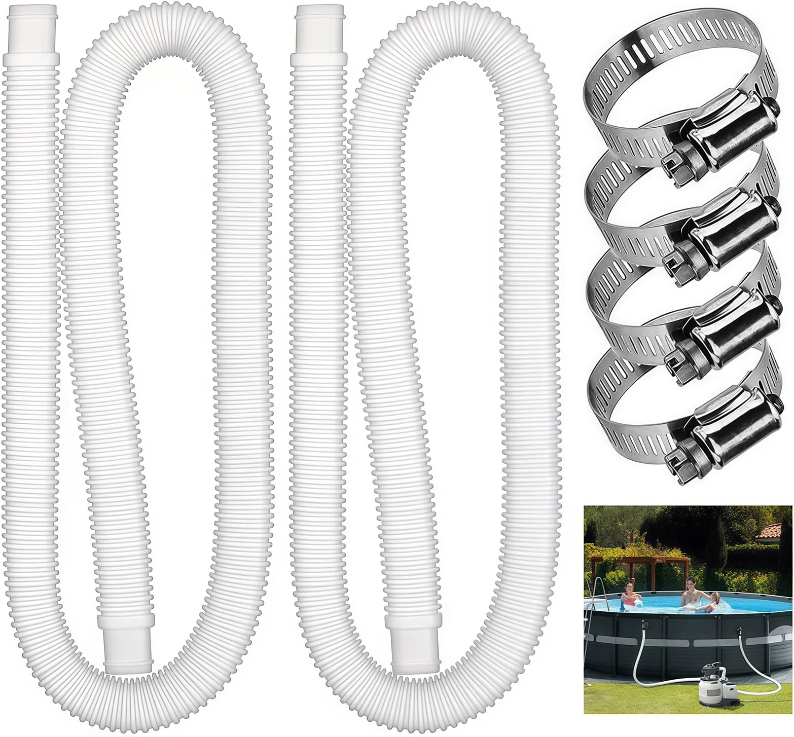 2-Pack White 32mm Pool Replacement Hose 59" Long with 4 Leak-Resistant Flexible PE for Pool Pumps and Sand Filter Systems