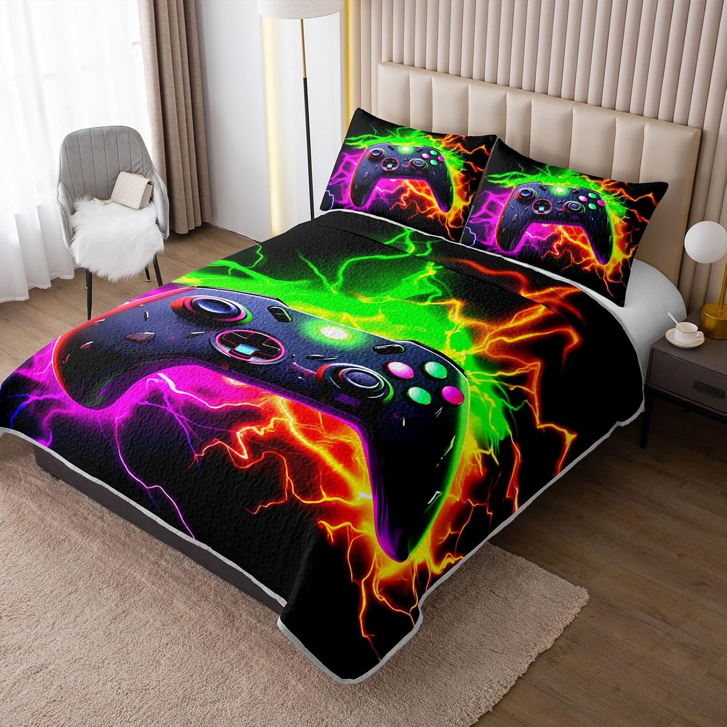 Cool Gamepad Kids Quilt Set, Green Hot Pink and Orange Game Quilt Bedding, Gamer Gaming Bed Coverlet for Boys Teens, Colorful Gaming Bedspread Coverlet, Modern Bed Set with 2 Pillowshams