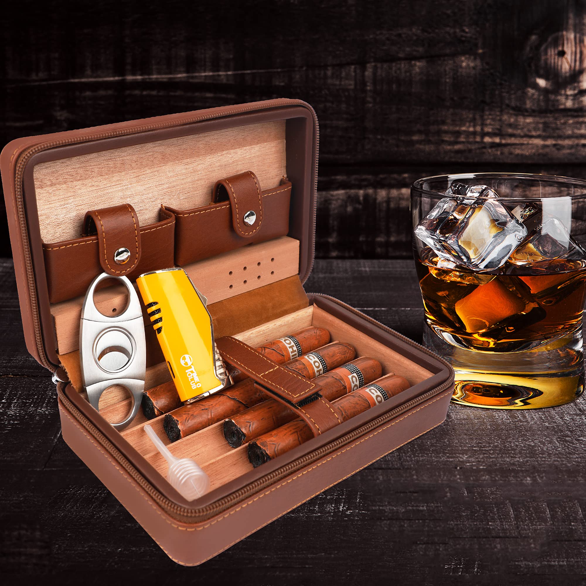 Estuche Portátil de Viaje para 4 Puros, Cortapuros, Humidificador de Puros con Cortapuros y Humidificador, Regalo para Novios, Regalo de Cumpleaños