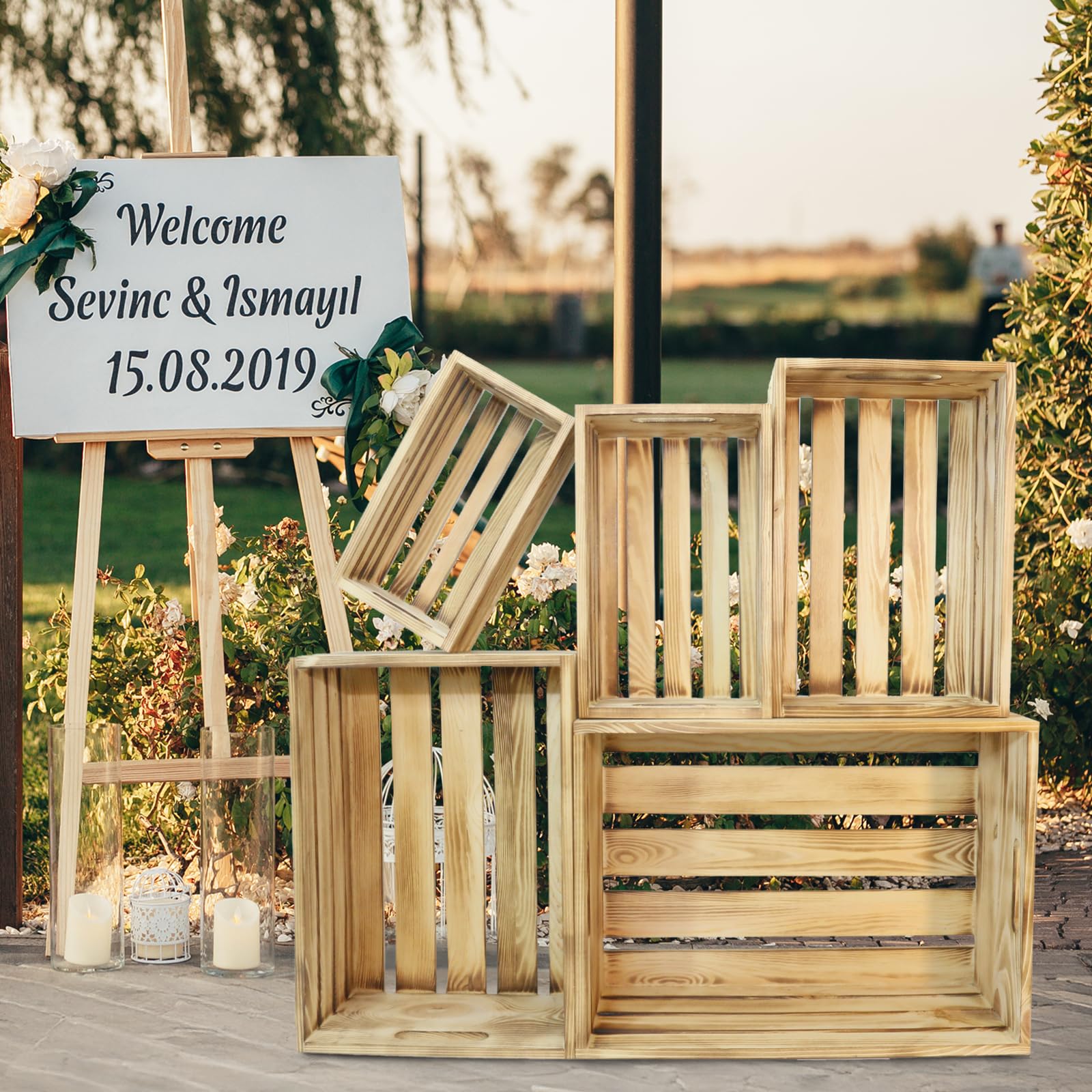 5 cajas decorativas de madera para exhibición, cesta grande de madera de granja de 5 tamaños para contenedores de almacenamiento y decoraciones, cajas de anidación rústicas con asa