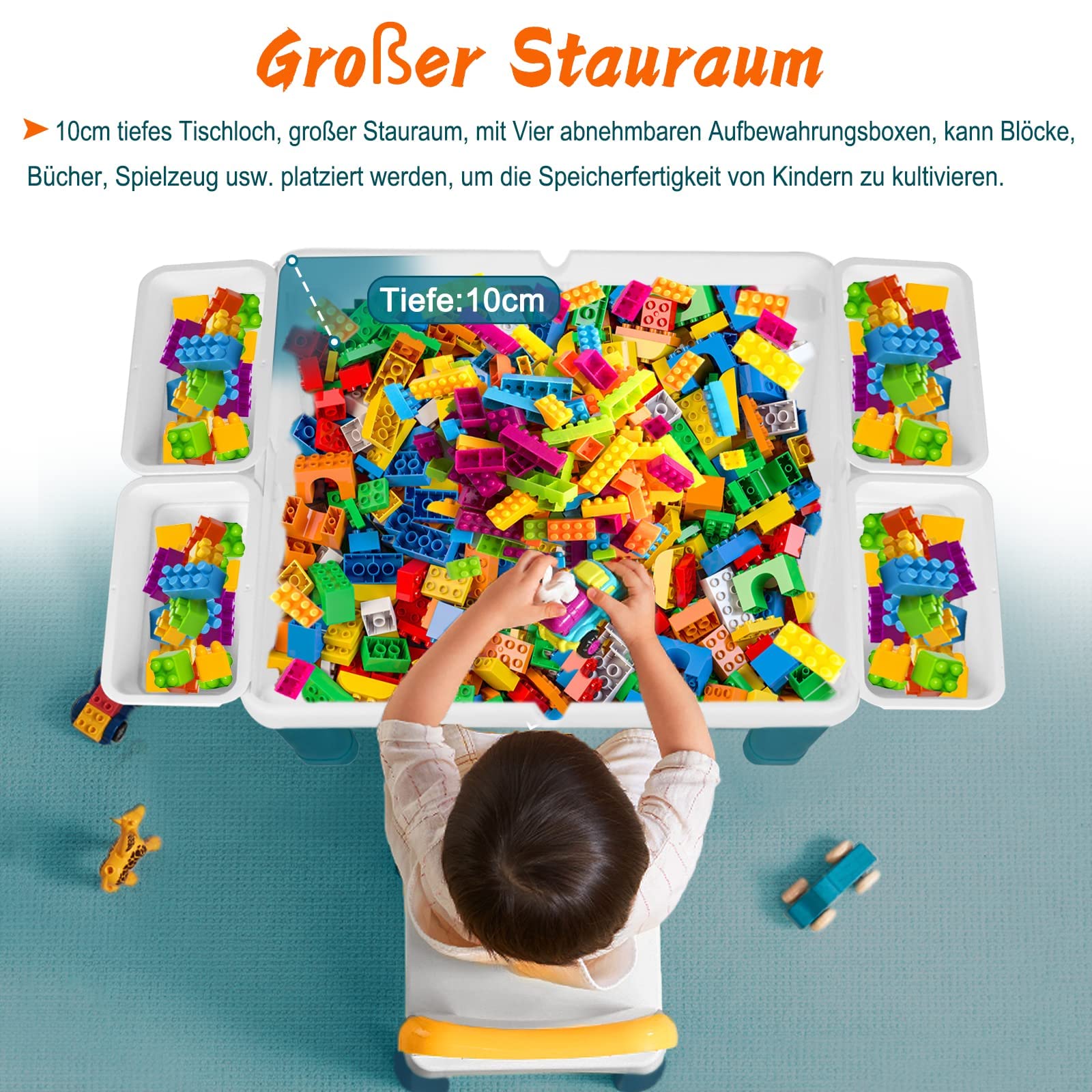 LZQ 6-in-1 Kinder Tisch Stuhl Set Spieltisch mit Stauraum Doppelseitige Höhenverstellbare Tischplatte