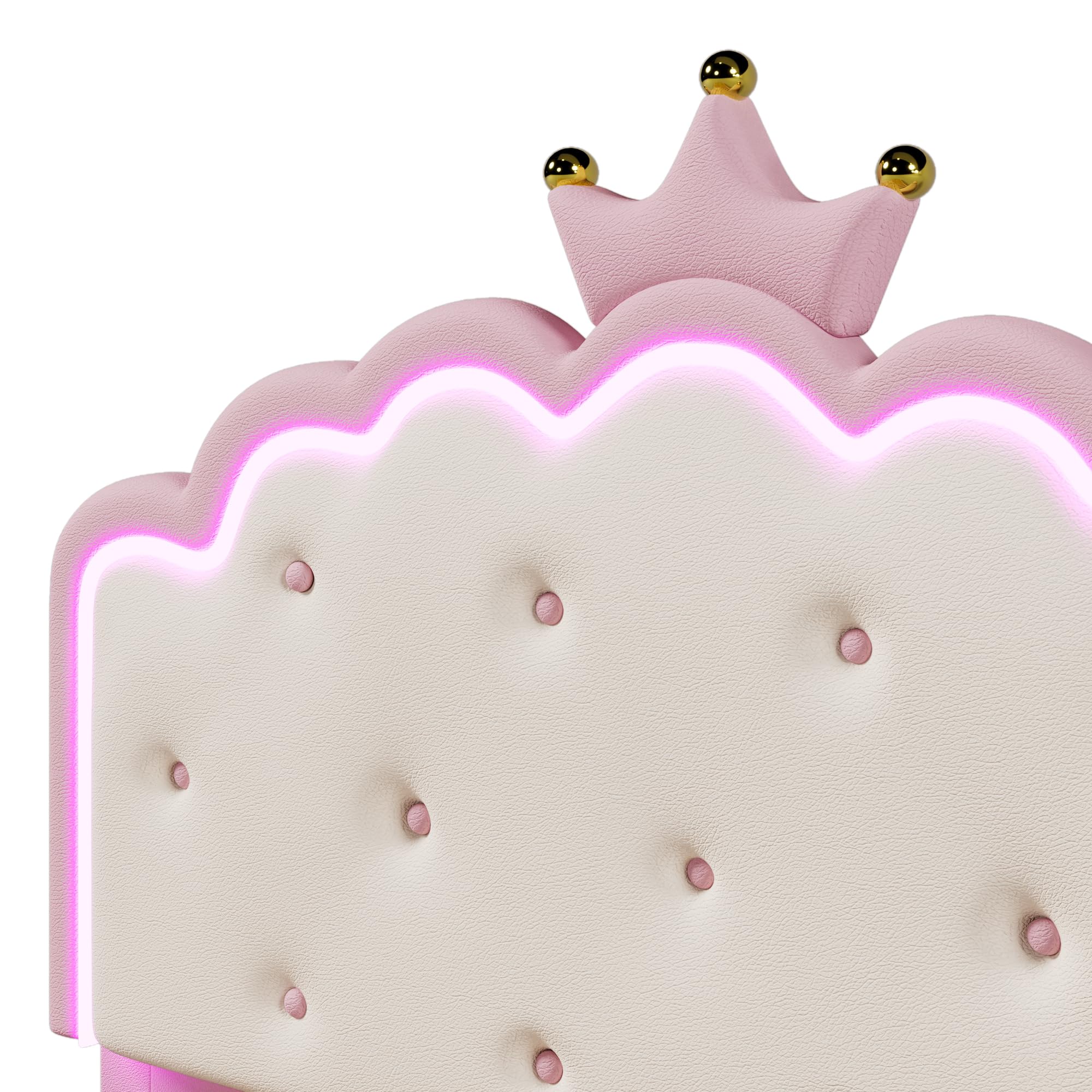 Cama tapizada con somier (sin colchón), luz ambiental teledirigida, forma de princesa heredera, almacenamiento hidráulico, material PU, rosa (140 x 200 cm)