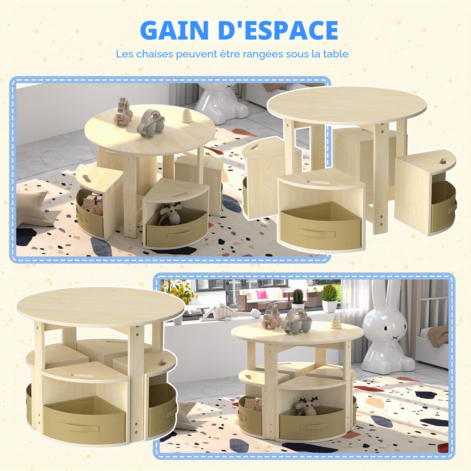 Puecrof Table pour enfant avec 4 tabourets et espace de rangement - Salon rond en bois pour chambre d'enfant, jeu et bricolage - Design peu encombrant en blanc naturel