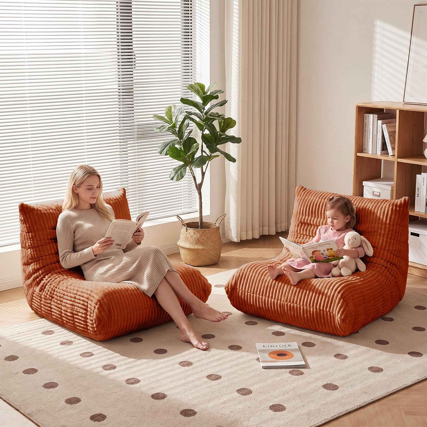 Bean Bag Chair with Lumbar Pillow, Gaint Bean Bag Chairs for Adults, Oversized Corduroy Beanbag Chair with Memory Foam Filled, Lazy Floor Sofa for Reading Gaming Living Room Bedroom (Orange)