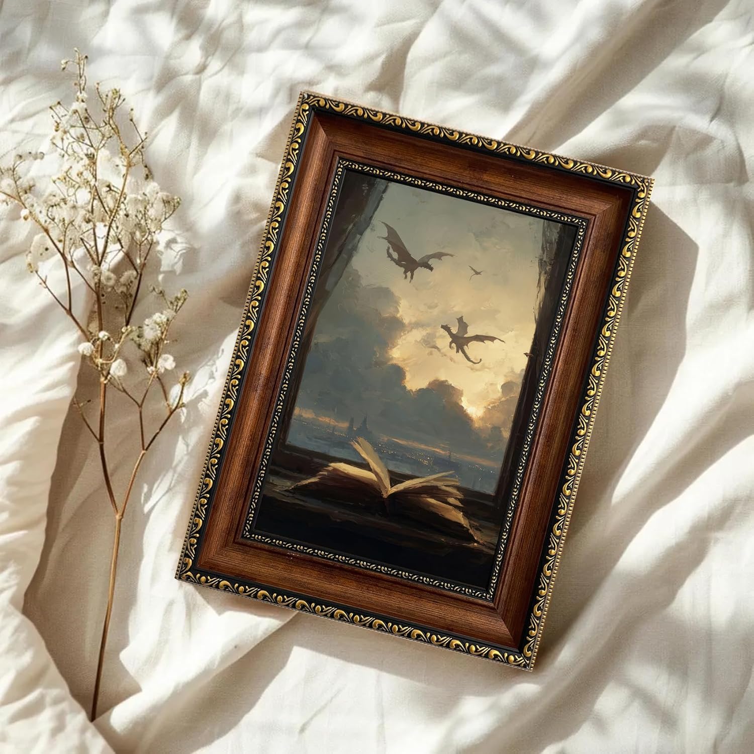 Framed Fantasy Dragon Book Canvas Wall Art Vintage Dark Academia Open Book Print Gothic Aesthetic Library Wall Decor for Bedroom Study Living Room 12x16in Ready to Hang
